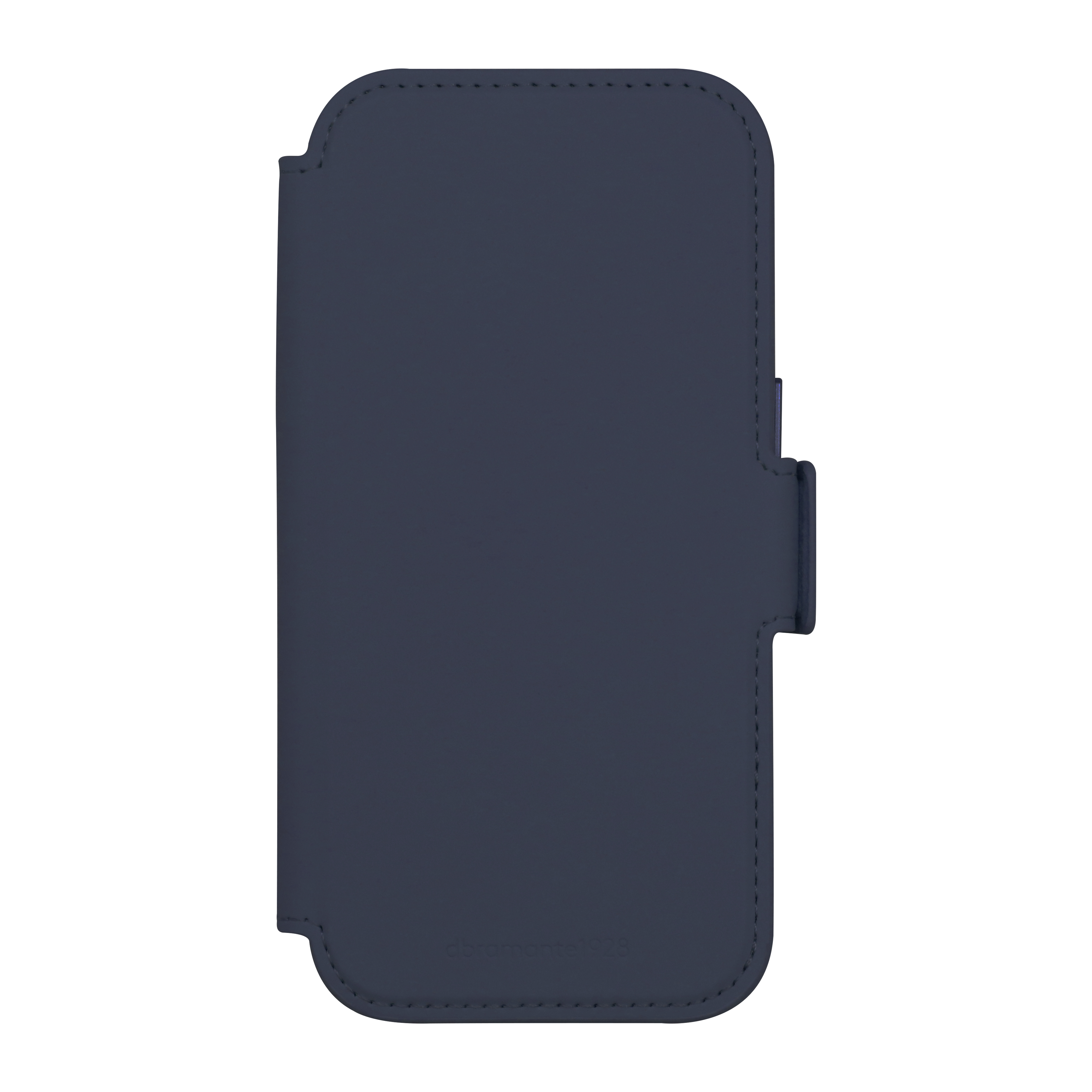 Un étui de téléphone bleu marine avec rabat et fermoir, sur fond blanc. La marque est visible.