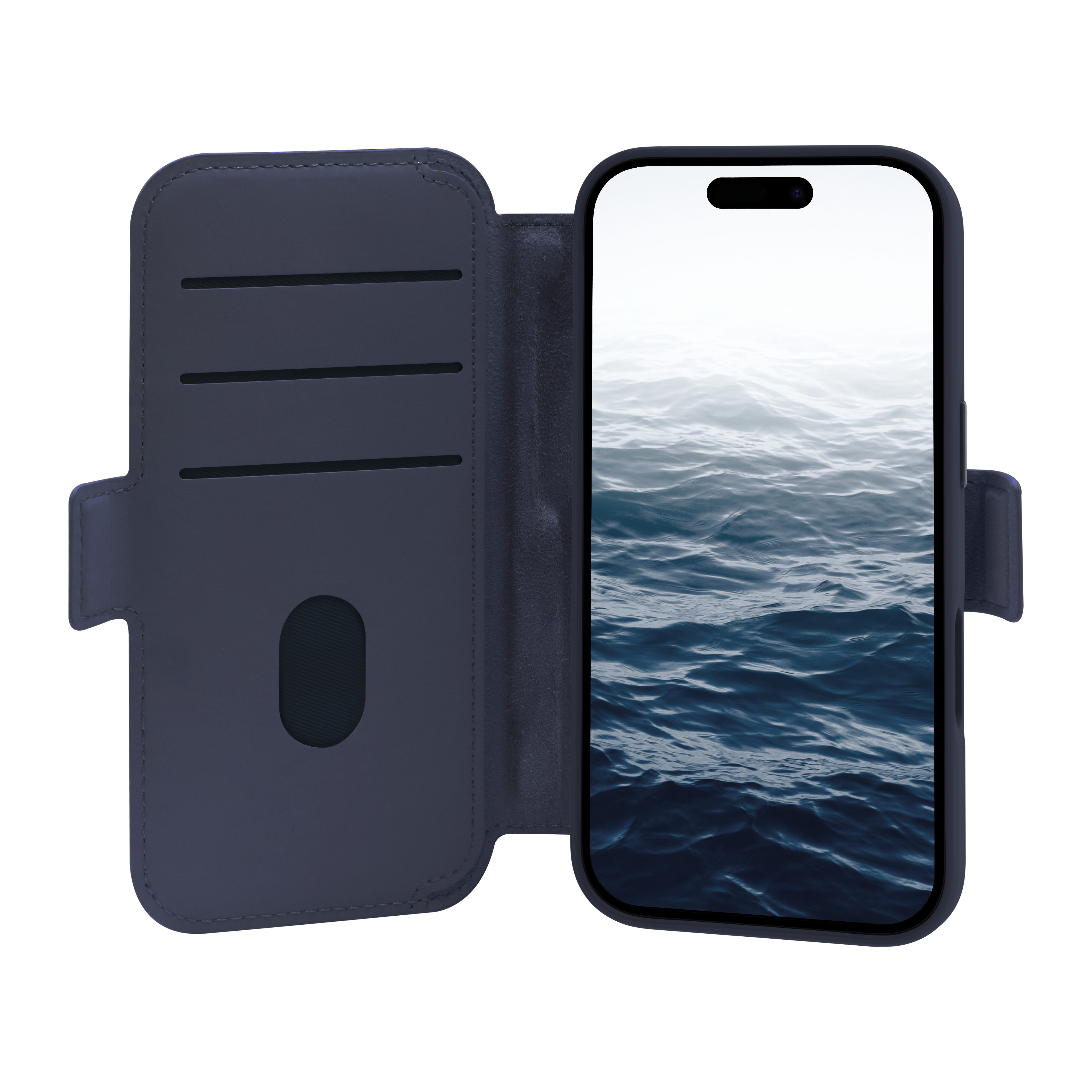 Téléphone dans un étui bleu, écran montre des vagues océaniques. Étui ouvert, avec fentes. Fond blanc.