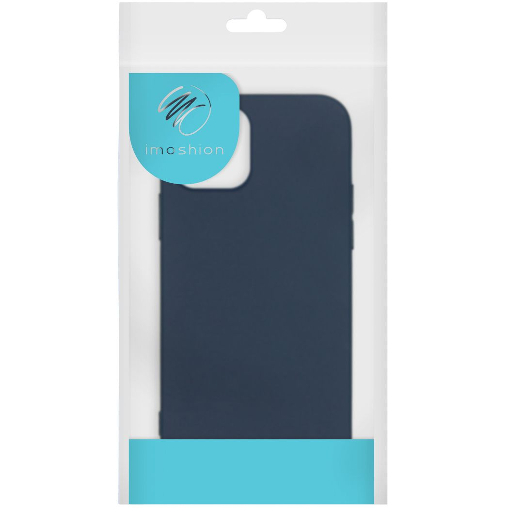 Une coque de téléphone bleu marine dans un emballage plastique transparent. L'emballage porte une étiquette bleue avec la marque 'imoshion'.