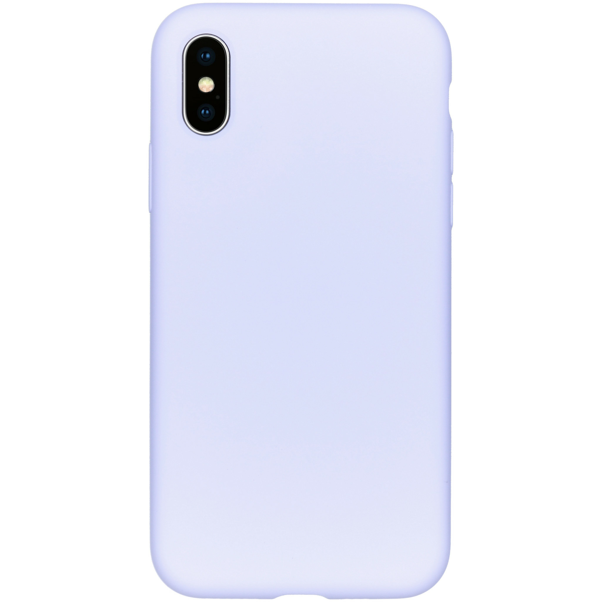 Eine hellviolette Handyhülle mit einem Ausschnitt für eine Dual-Objektiv-Kamera. Der Hintergrund ist weiß.