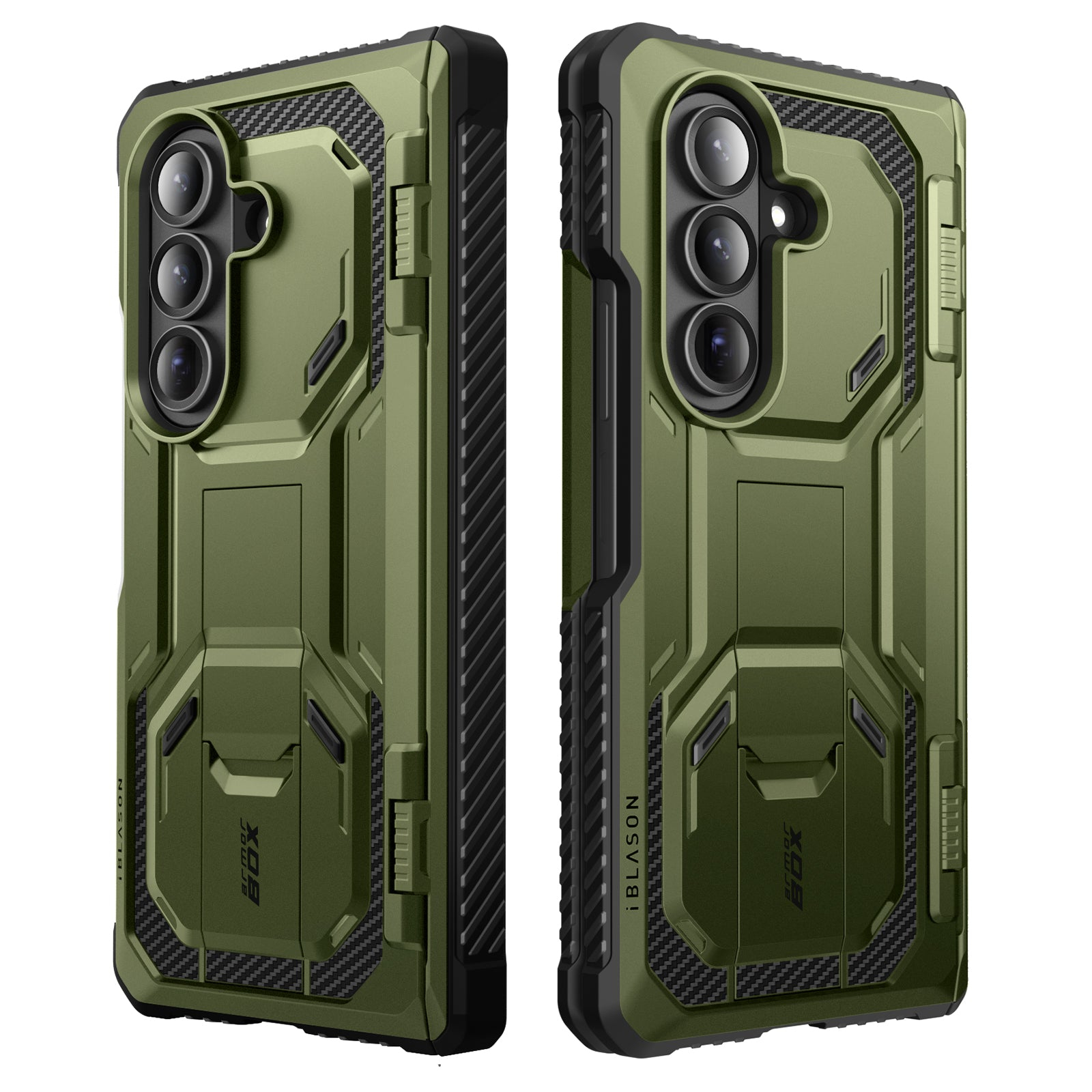Zwei olivgrüne Telefonhüllen mit schwarzen Akzenten, jeweils mit drei Kameralinsen und Ständer, 'i-BLASON' und 'armorbox' Logos.