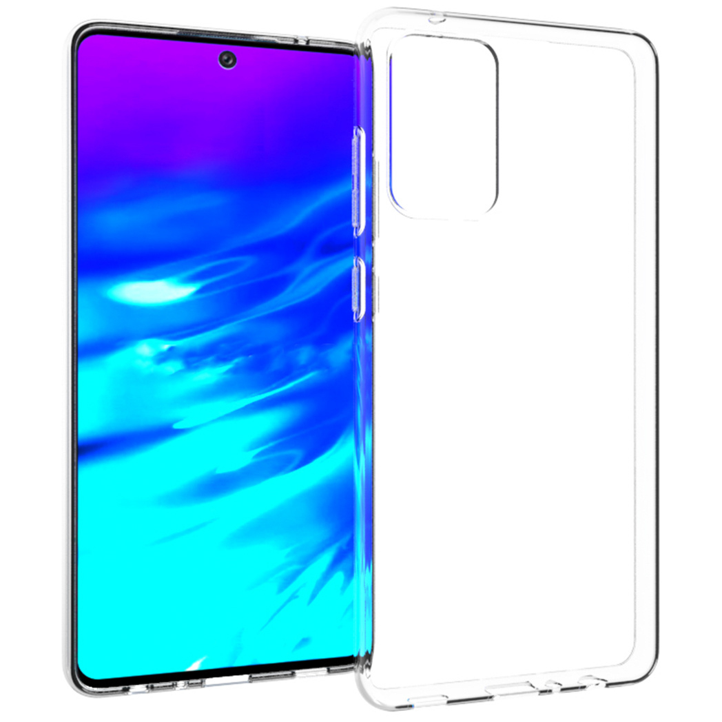 Un smartphone avec un écran bleu dégradé est à côté d'une coque transparente. L'étui est ouvert, montrant l'arrière du téléphone.