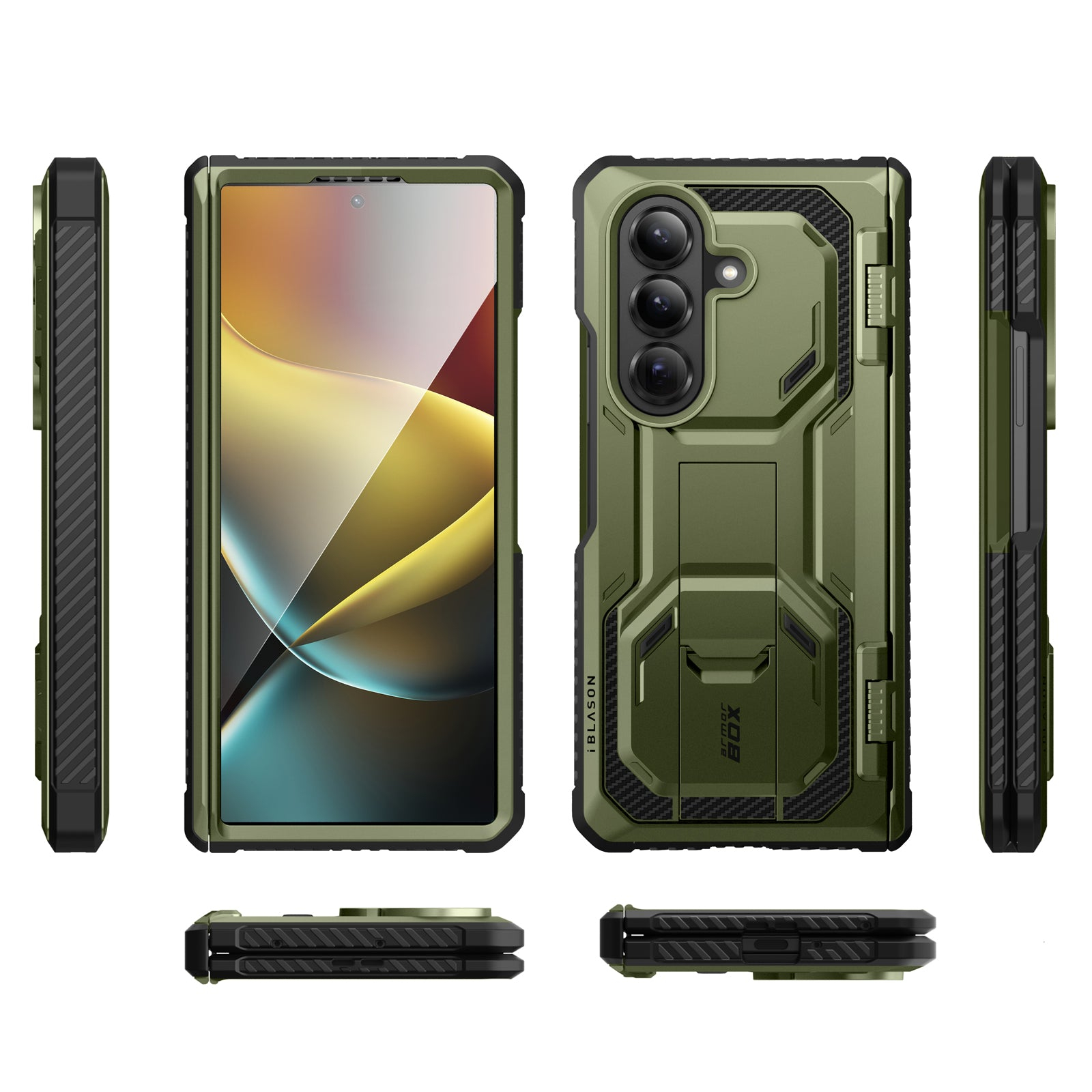 Olivgrüne Handyhülle mit Handy. Die Hülle ist robust, mit Ständer. Mehrere Ansichten werden gezeigt. Weißer Hintergrund.