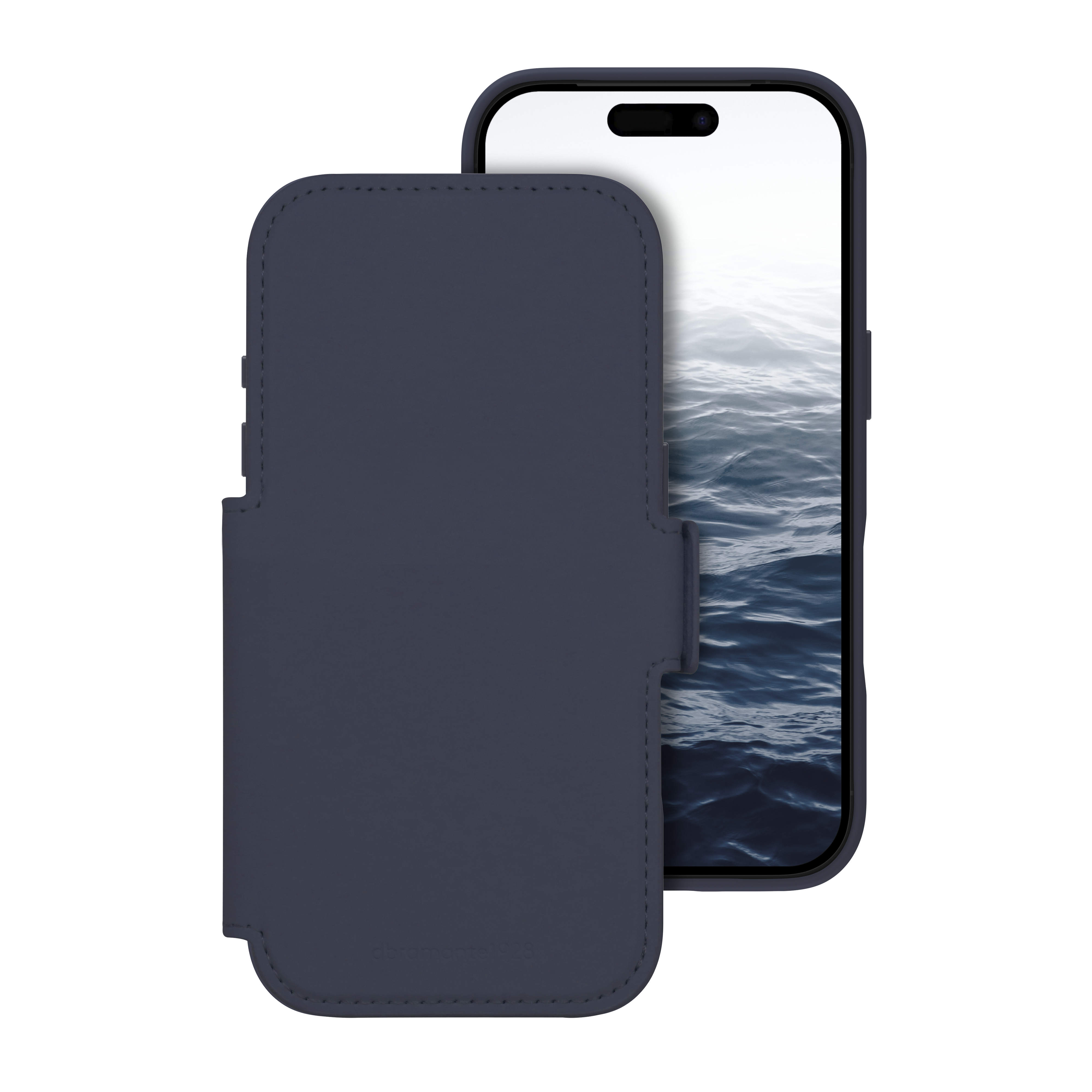 Custodia blu navy con patta aperta, che rivela il telefono. Il telefono mostra una scena d'acqua.