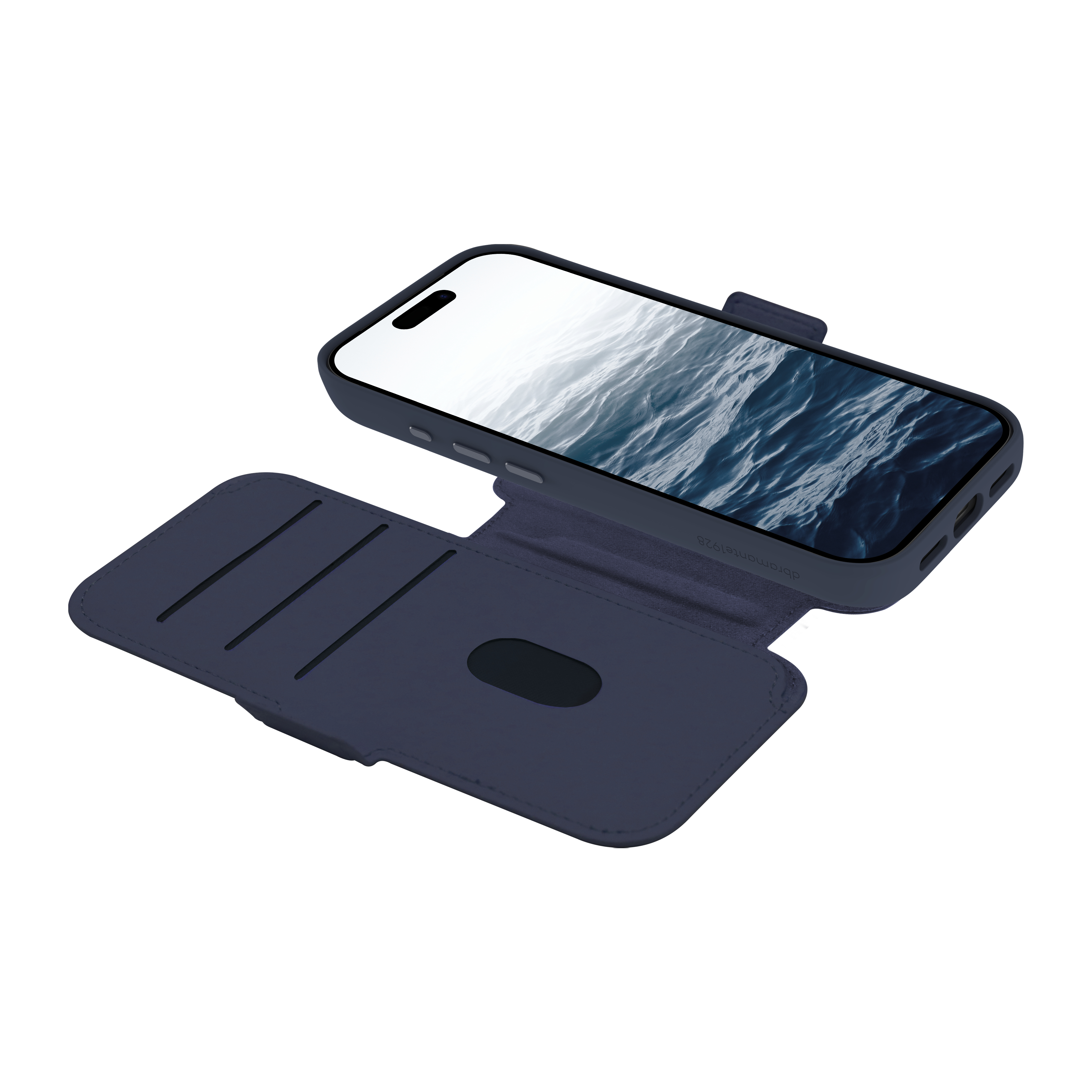 Una custodia blu navy con un telefono che mostra onde d'acqua. La custodia è aperta, mostrando slot.