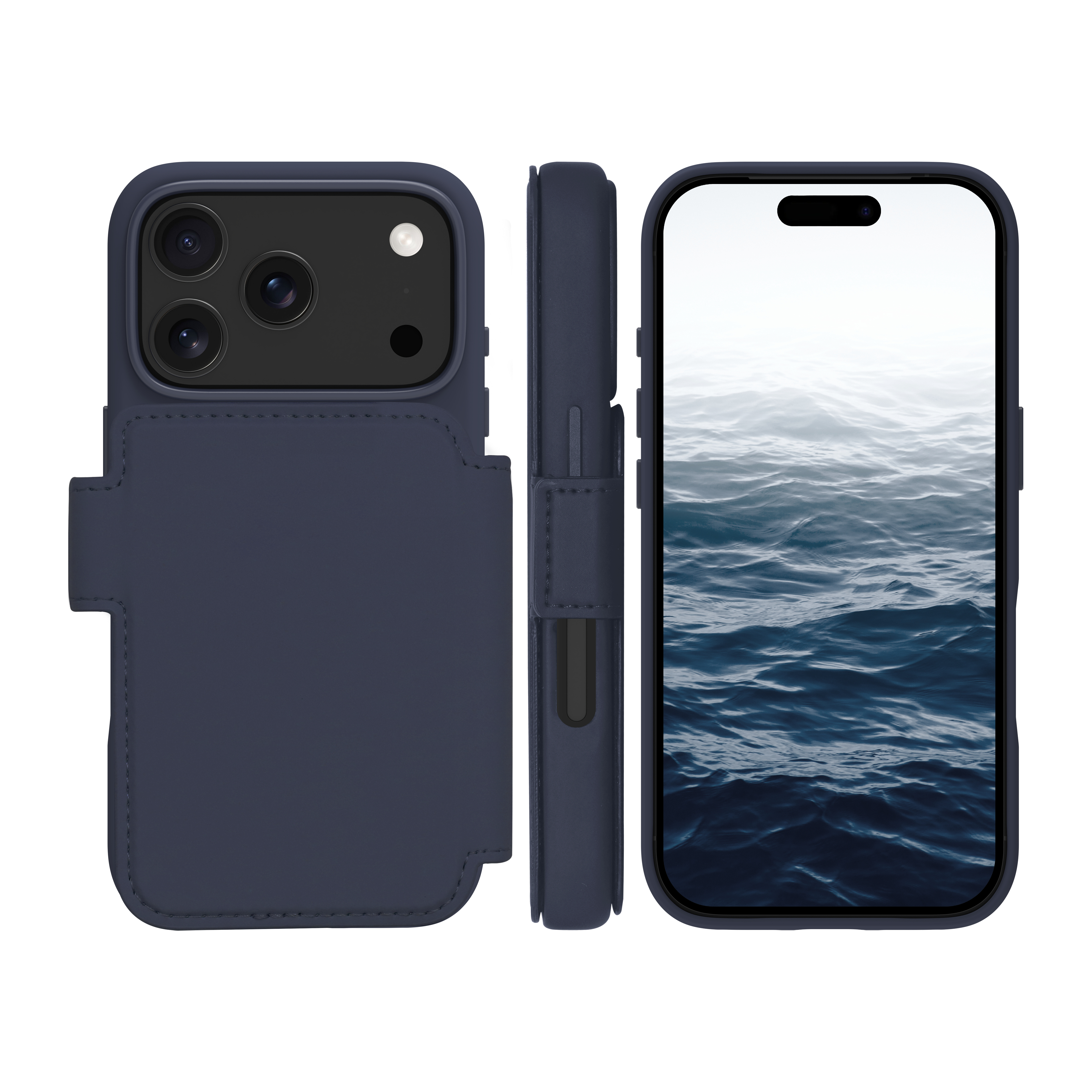 Custodia blu navy con un telefono. Lo schermo mostra un'immagine d'acqua. La custodia è in più parti.