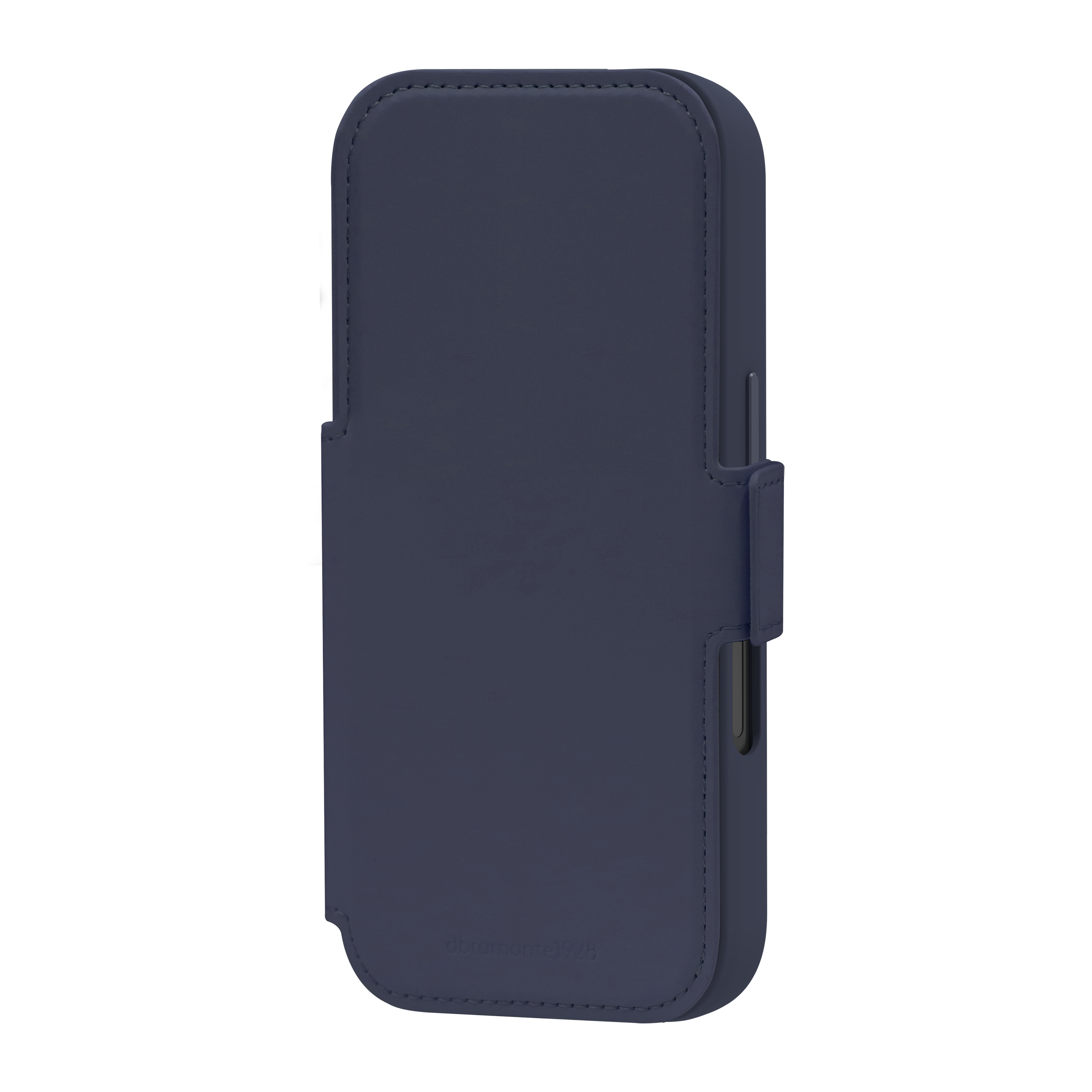 Una custodia blu navy con patta. È chiusa. Il marchio è visibile in basso.