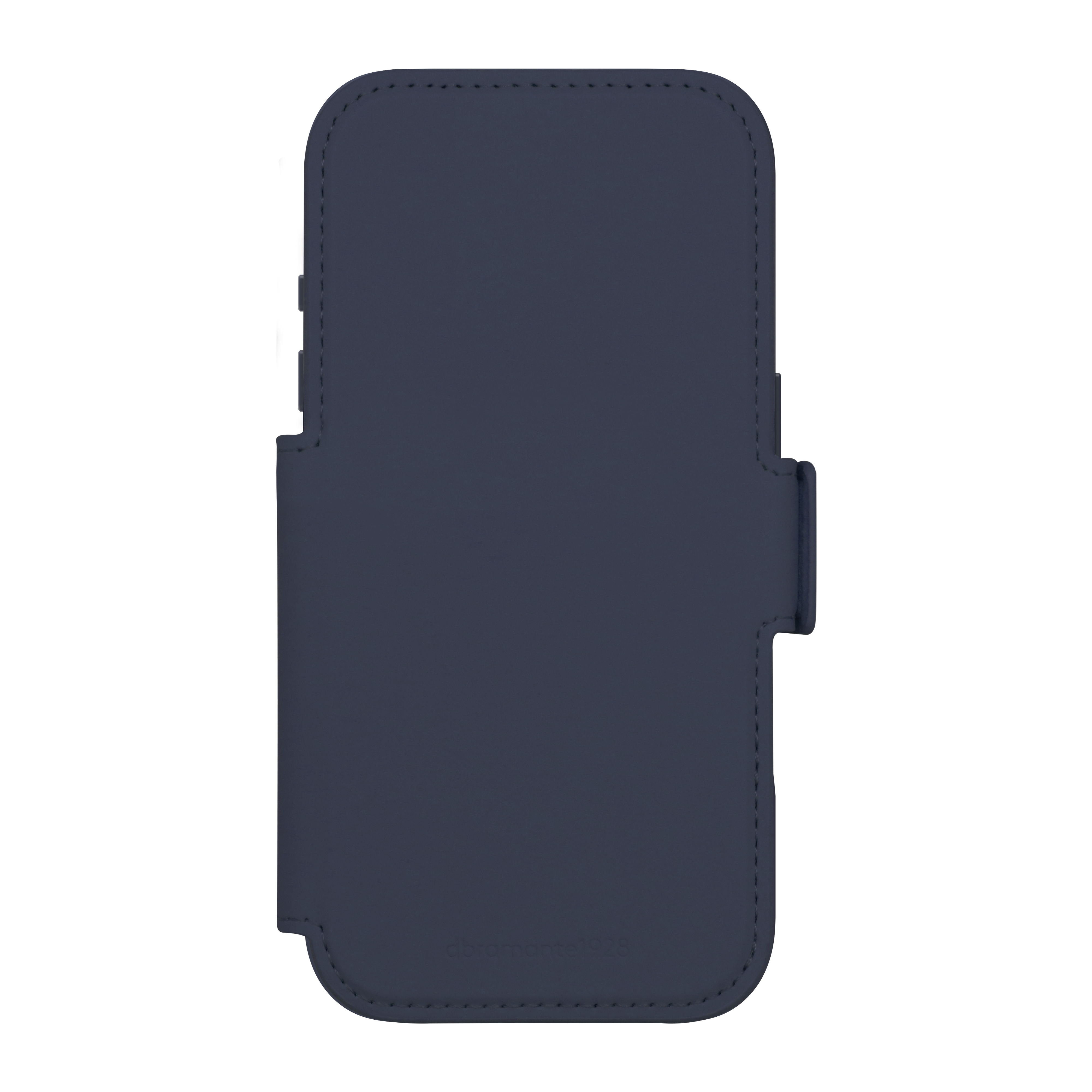 Una custodia blu navy con patta e chiusura magnetica, su sfondo bianco. La custodia ha un bordo cucito.