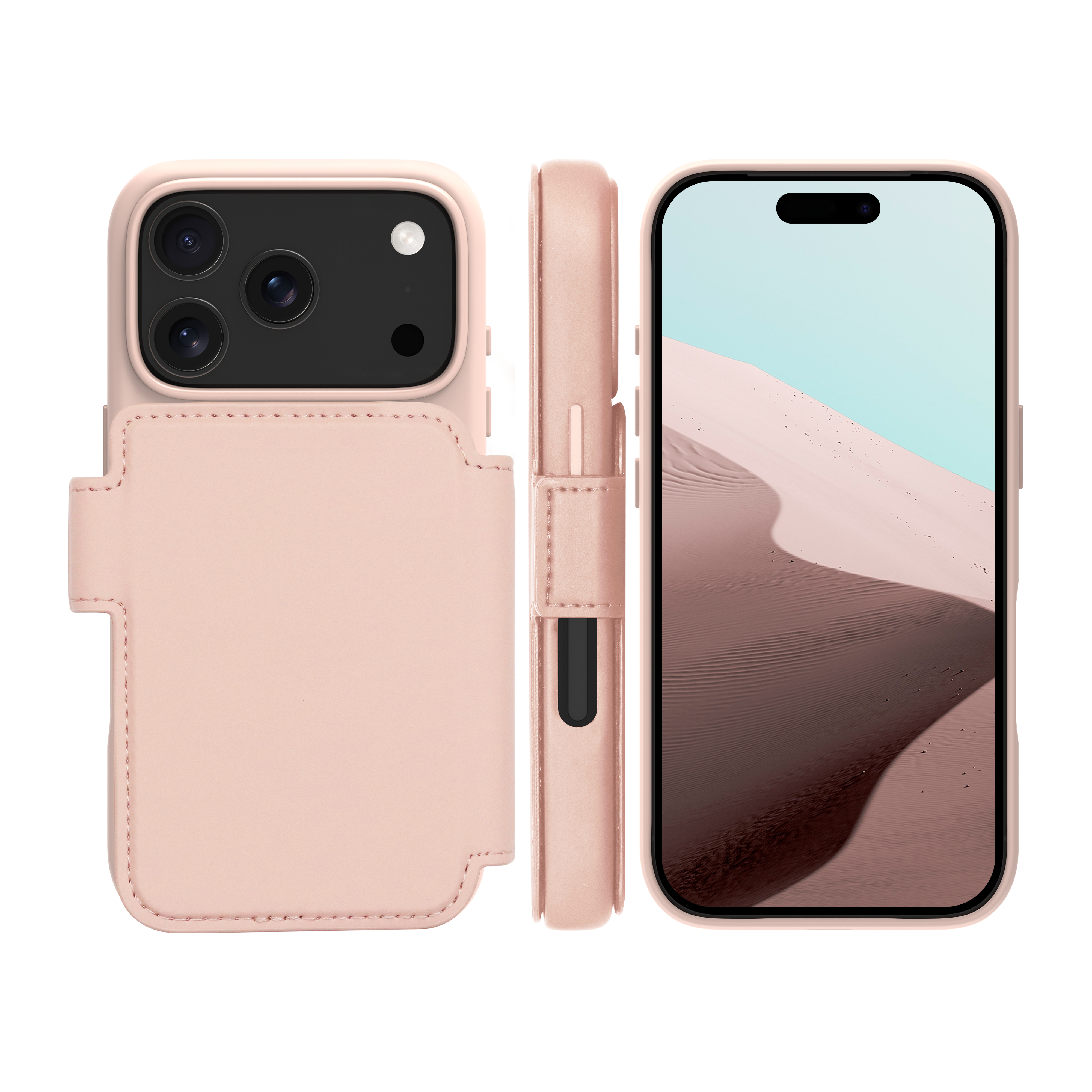 Trois vues d'un étui de téléphone rose avec un téléphone. L'écran du téléphone montre une scène de désert.