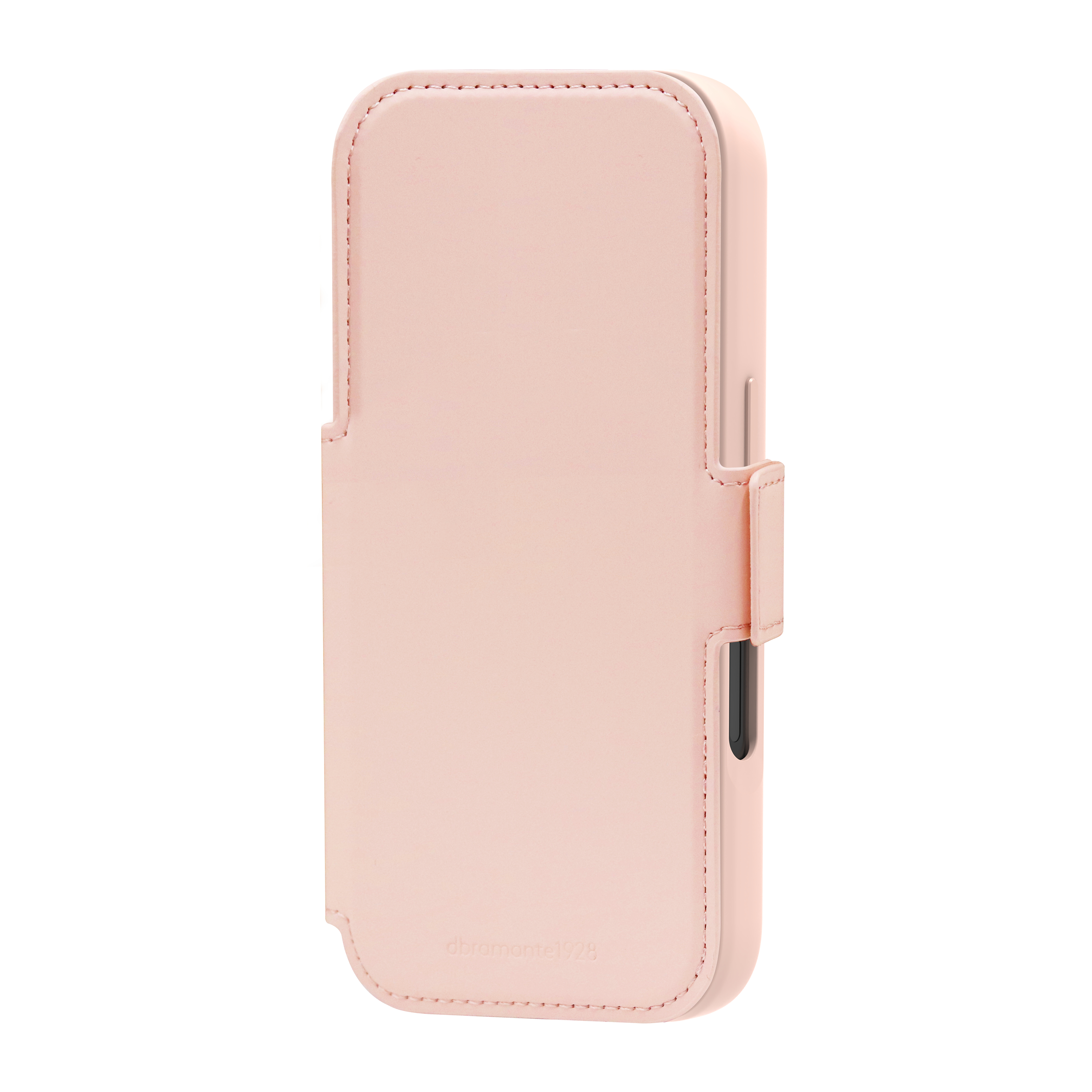 Étui de téléphone en cuir rose. Fermeture à rabat et coutures visibles. Nom de la marque en relief.