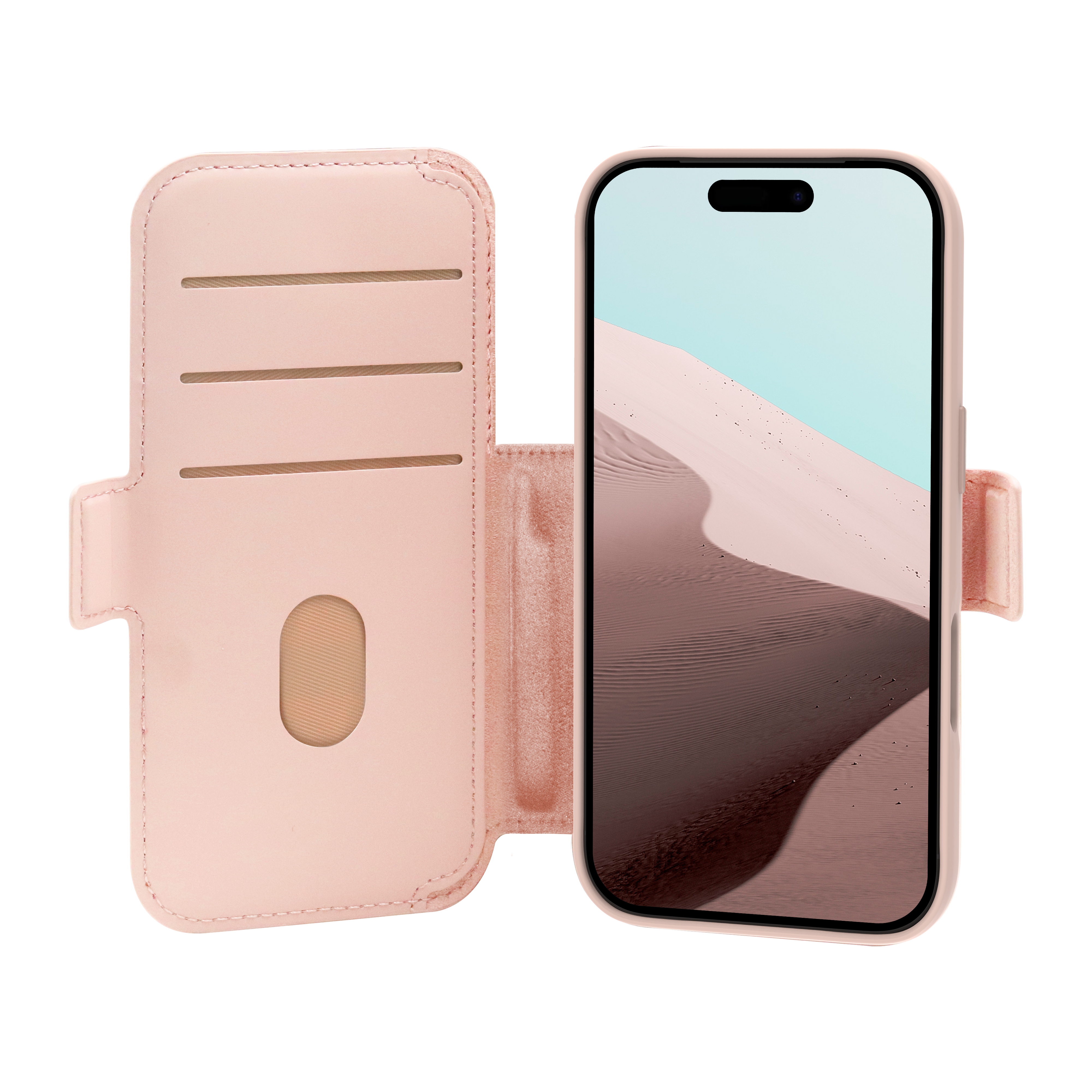 Étui de téléphone rose avec un design portefeuille ouvert. Le téléphone affiche un paysage désertique.