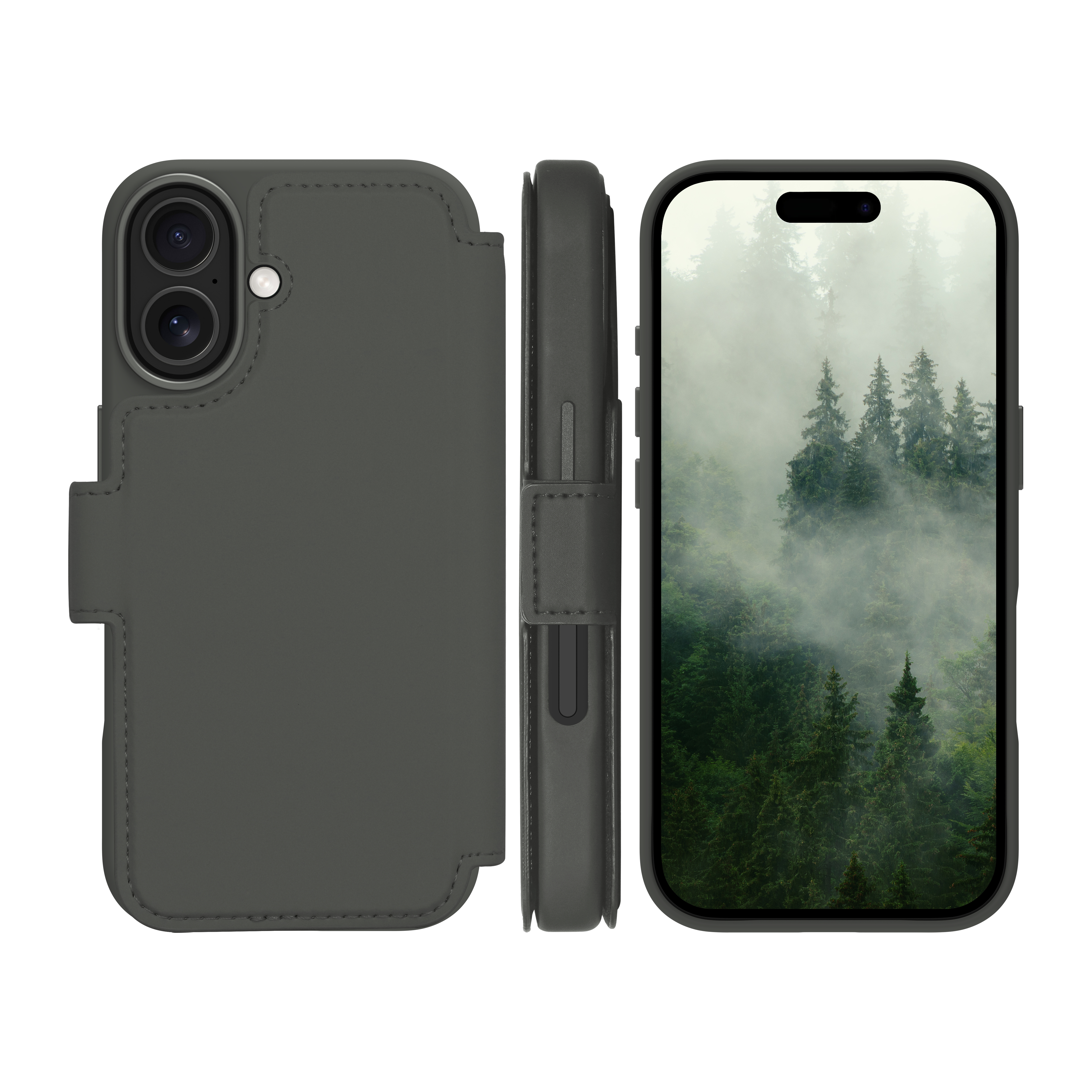 Un telefono in una custodia grigia, aperto per rivelare una scena di foresta con nebbia.