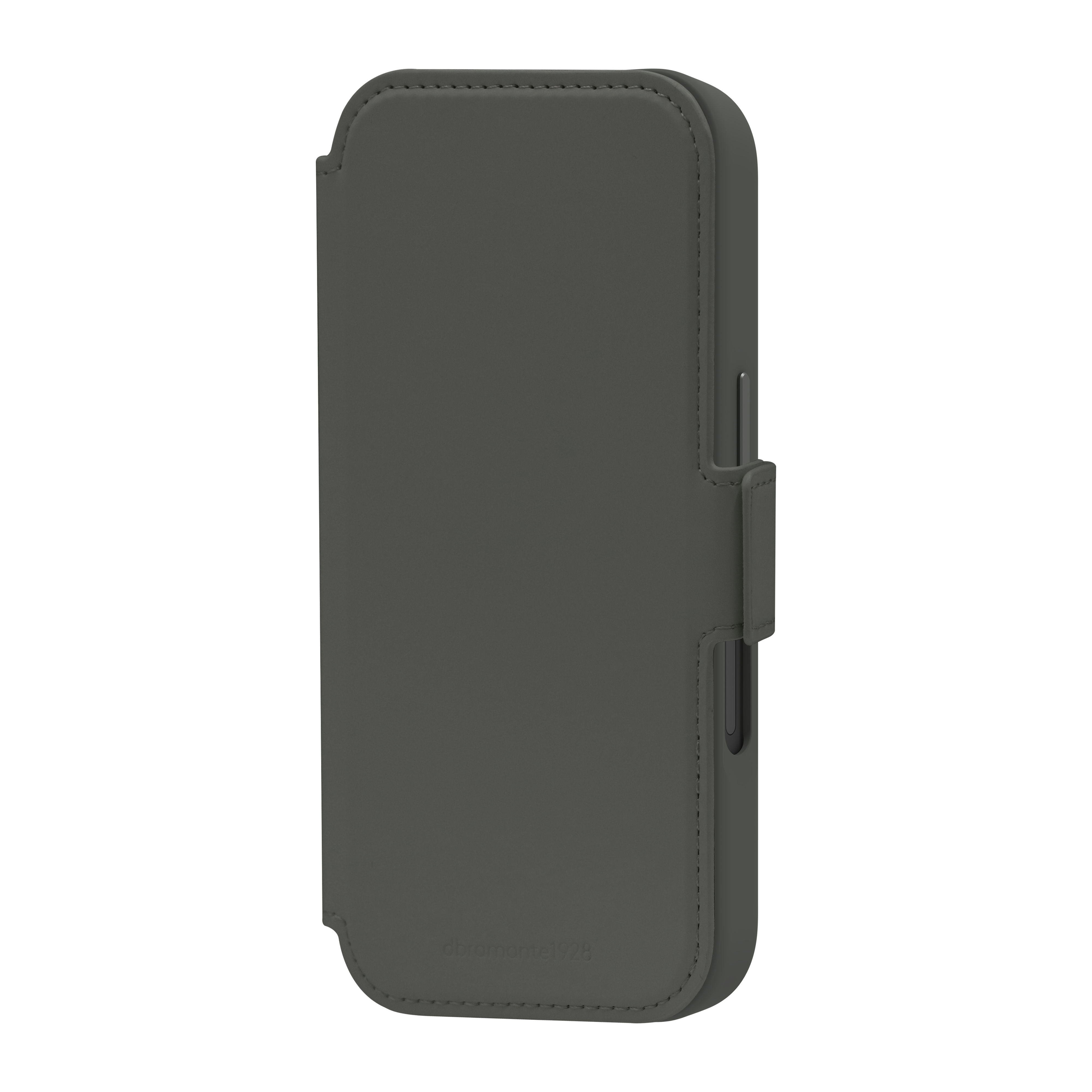 Custodia grigia per telefono con chiusura magnetica, bordo cucito. Sfondo bianco.