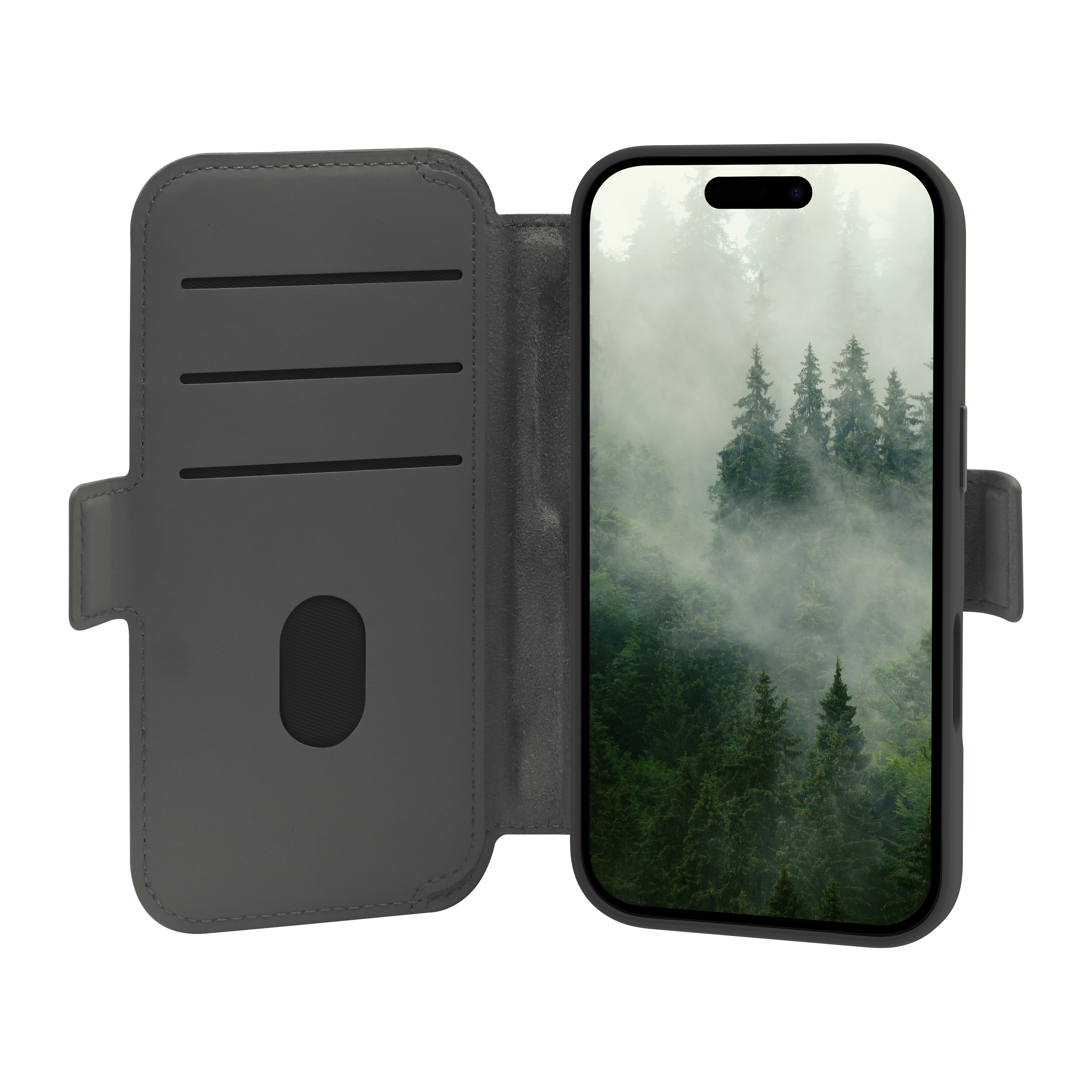 Un telefono in una custodia grigia mostra una scena di foresta nebbiosa. La custodia è aperta, mostrando il telefono e fessure.