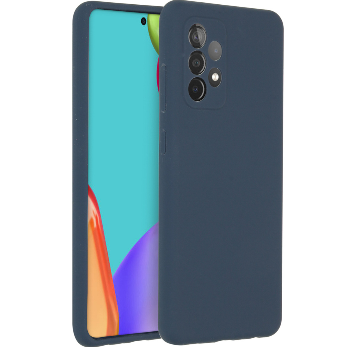 Een donkerblauwe telefoonhoes naast een telefoon met een scherm met teal en paarse kleuren.