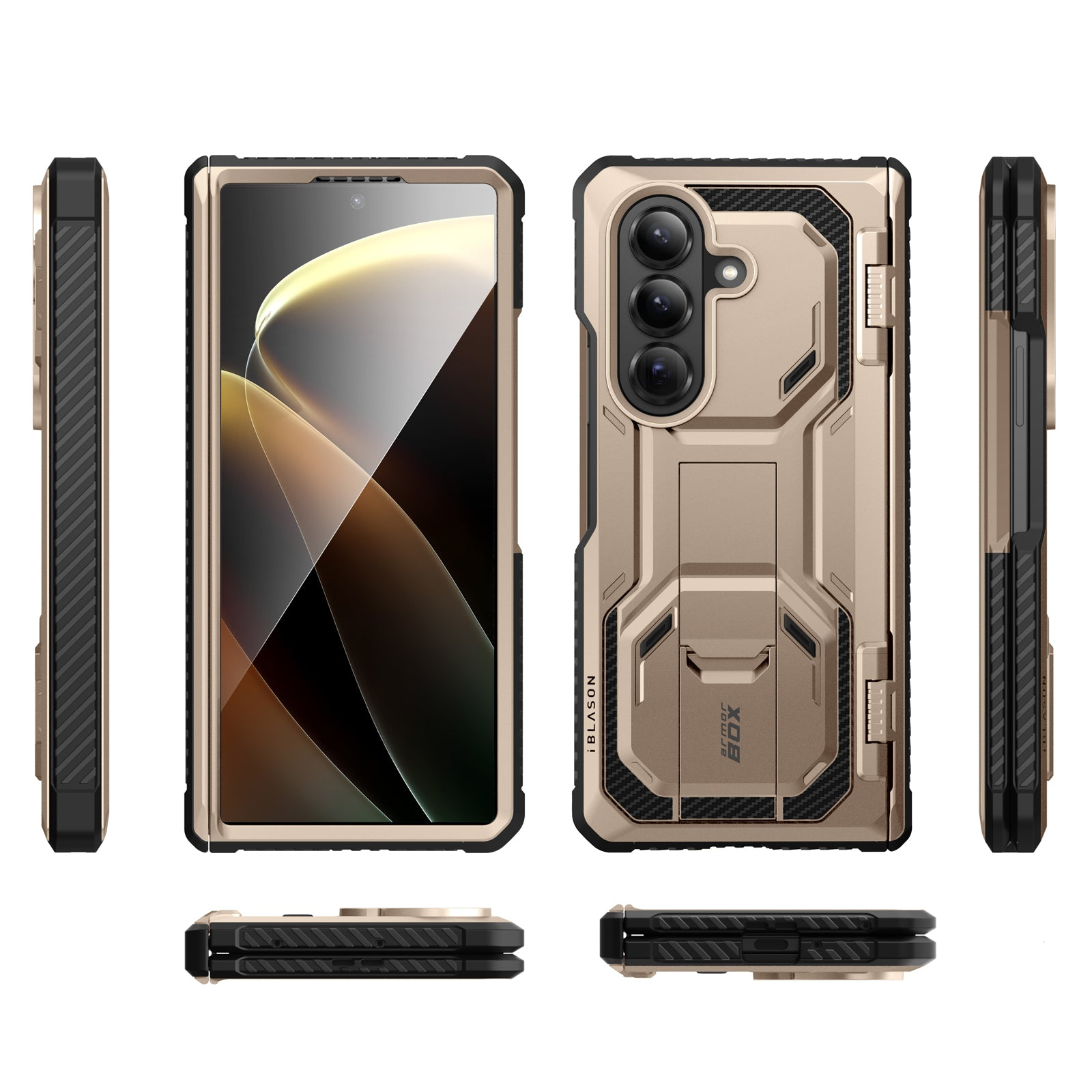 Ein Telefon in einer gold-schwarzen Hülle, mit verschiedenen Ansichten. Die Hülle hat einen Ständer und Kameraschutz.
