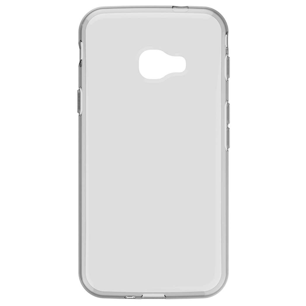 Une coque de téléphone transparente. Elle comporte des découpes pour les boutons sur le côté et une pour l'appareil photo en haut. La coque a un aspect légèrement givré.