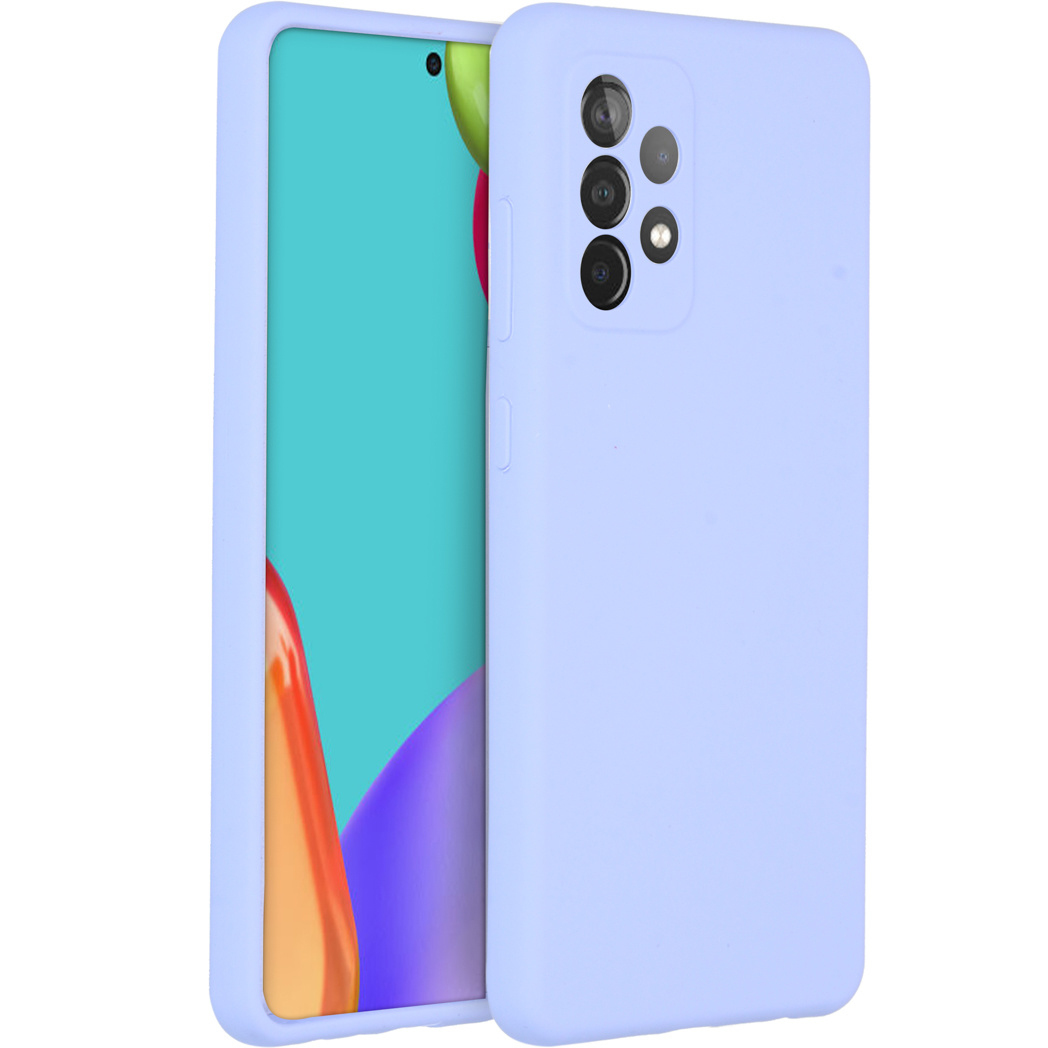Un étui de téléphone violet clair avec un téléphone à l'intérieur. Le téléphone a un écran turquoise et plusieurs caméras à l'arrière.