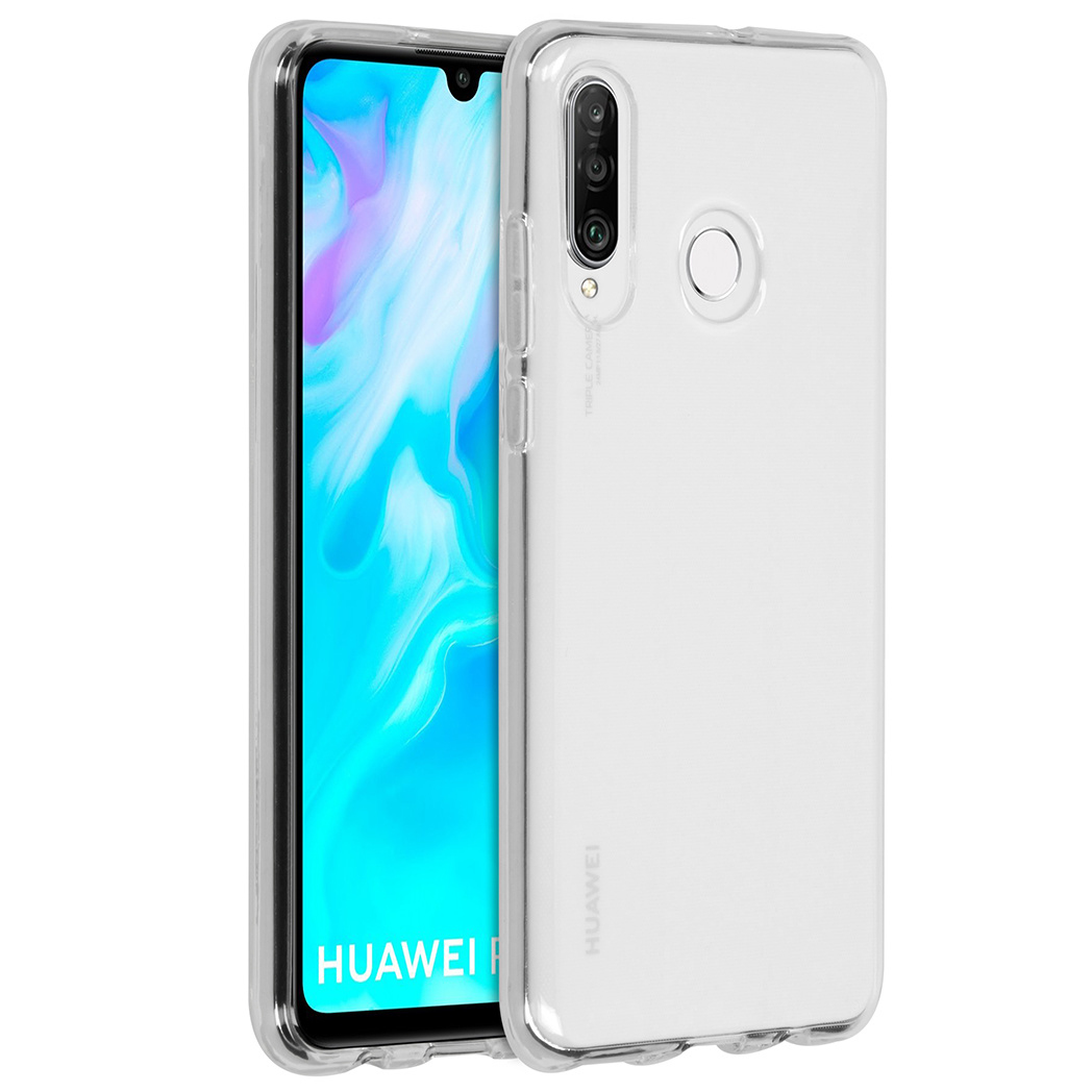 Une coque transparente protégeant un smartphone Huawei. Le téléphone est visible, affichant son écran et ses caméras.