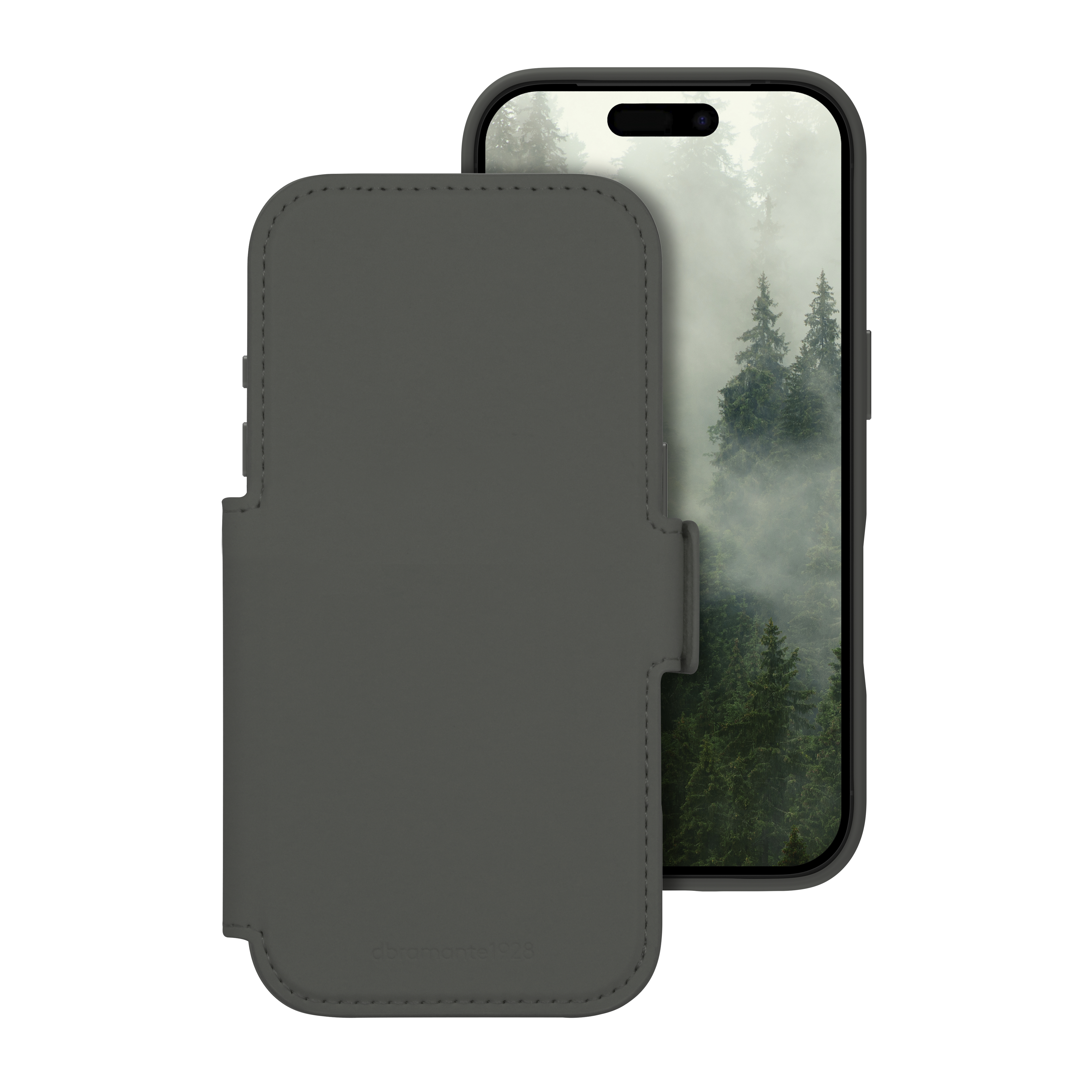 Telefono in custodia grigia, aperto per rivelare lo schermo con vista sulla foresta. La custodia è in similpelle con cuciture.