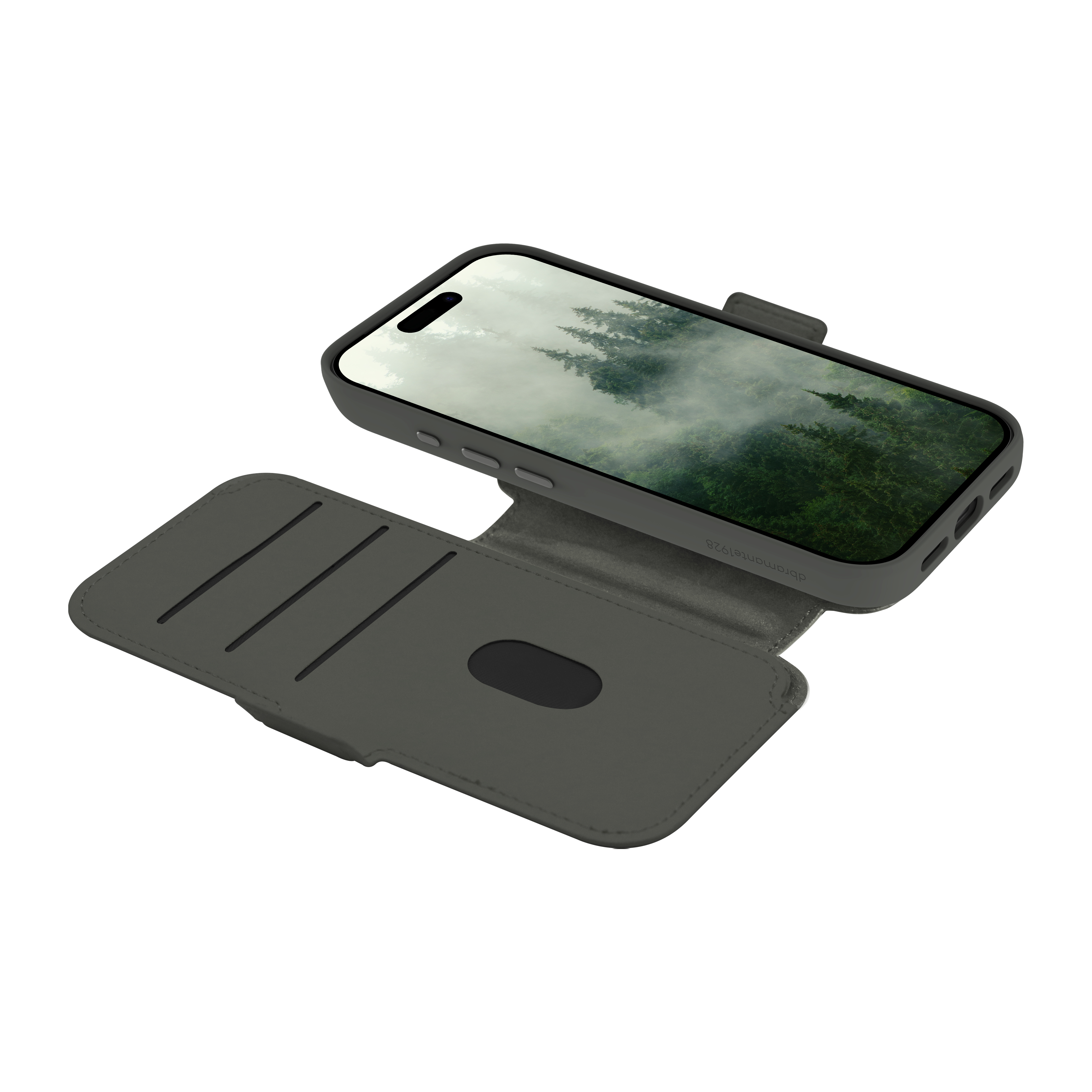 Uno smartphone in una custodia grigia, aperto per rivelare una scena di foresta. La custodia ha slot per carte. Sfondo bianco.