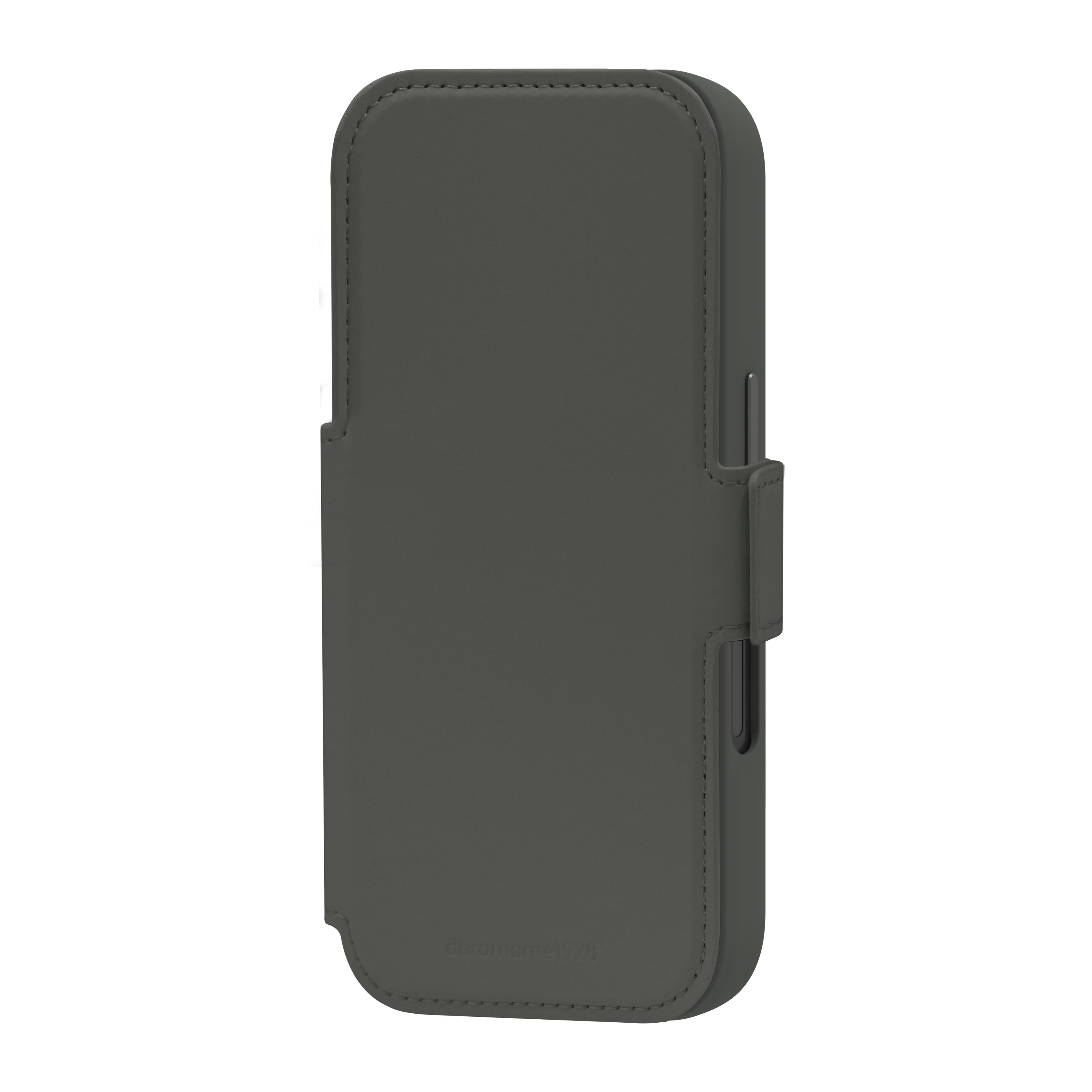 Una custodia grigia per telefono con chiusura magnetica è mostrata su sfondo bianco.