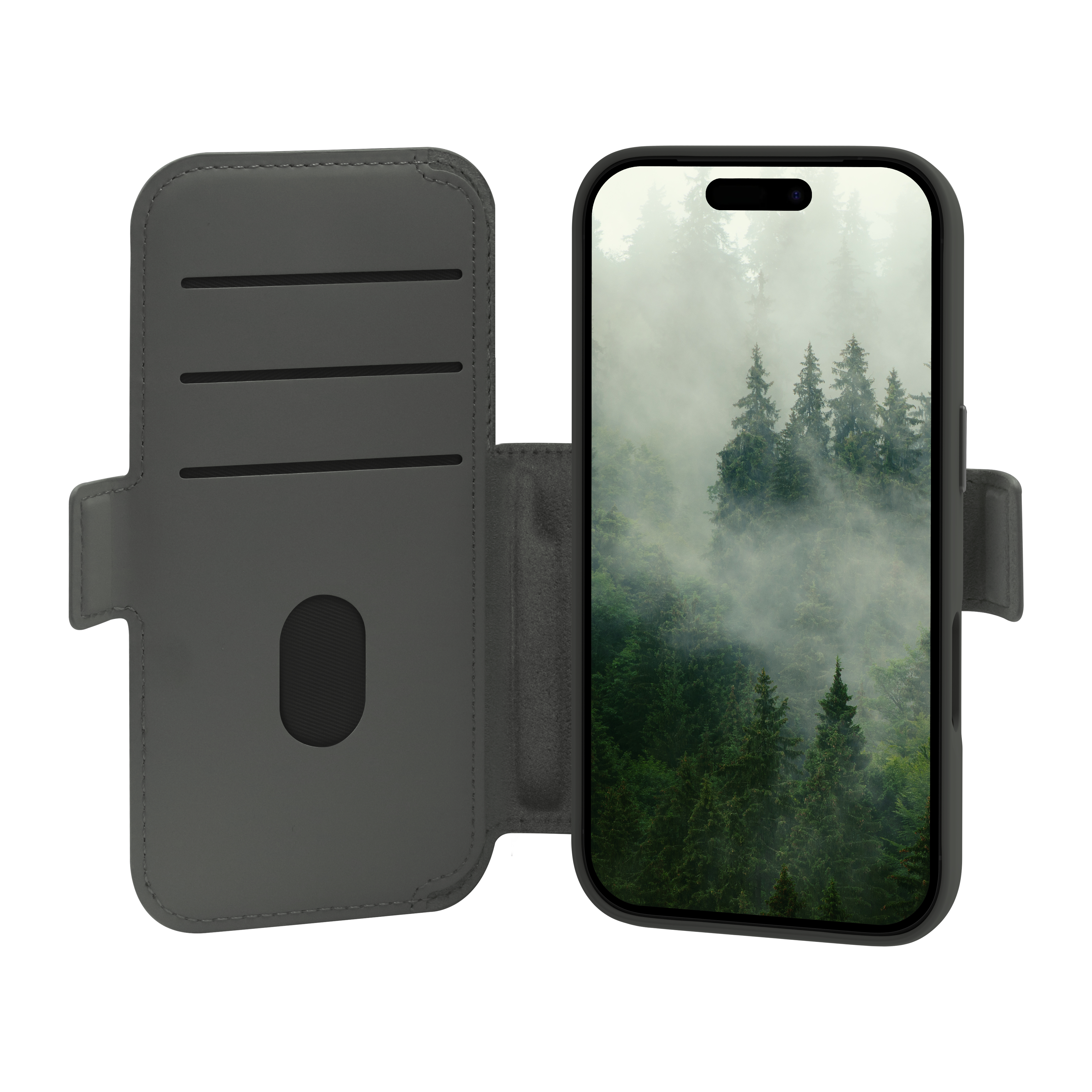 Custodia per telefono con un telefono che mostra una scena di foresta nebbiosa. La custodia è grigia.