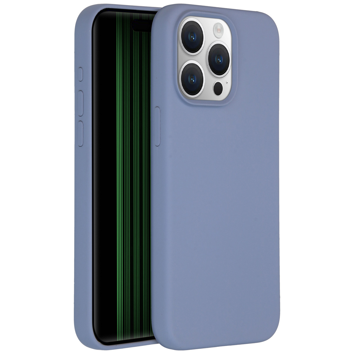 Un étui de téléphone bleu avec un téléphone à l'intérieur. Le téléphone a un écran noir avec des lignes vertes. L'étui a trois objectifs.