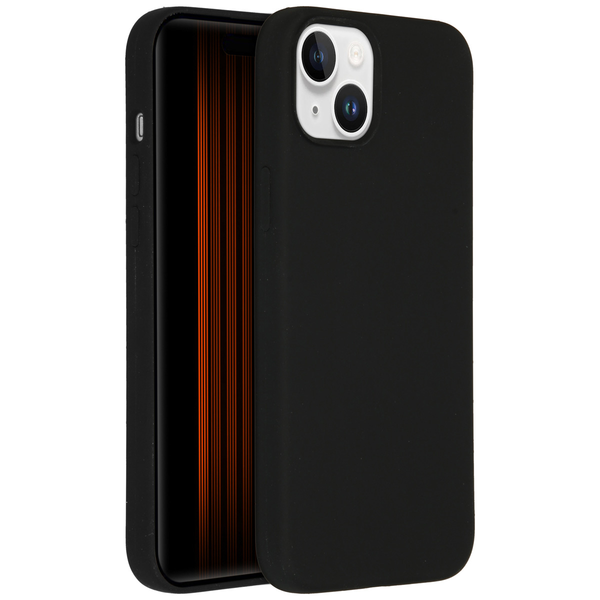 Coque de smartphone noire avec un téléphone à l'intérieur. L'écran du téléphone affiche des lignes verticales oranges.