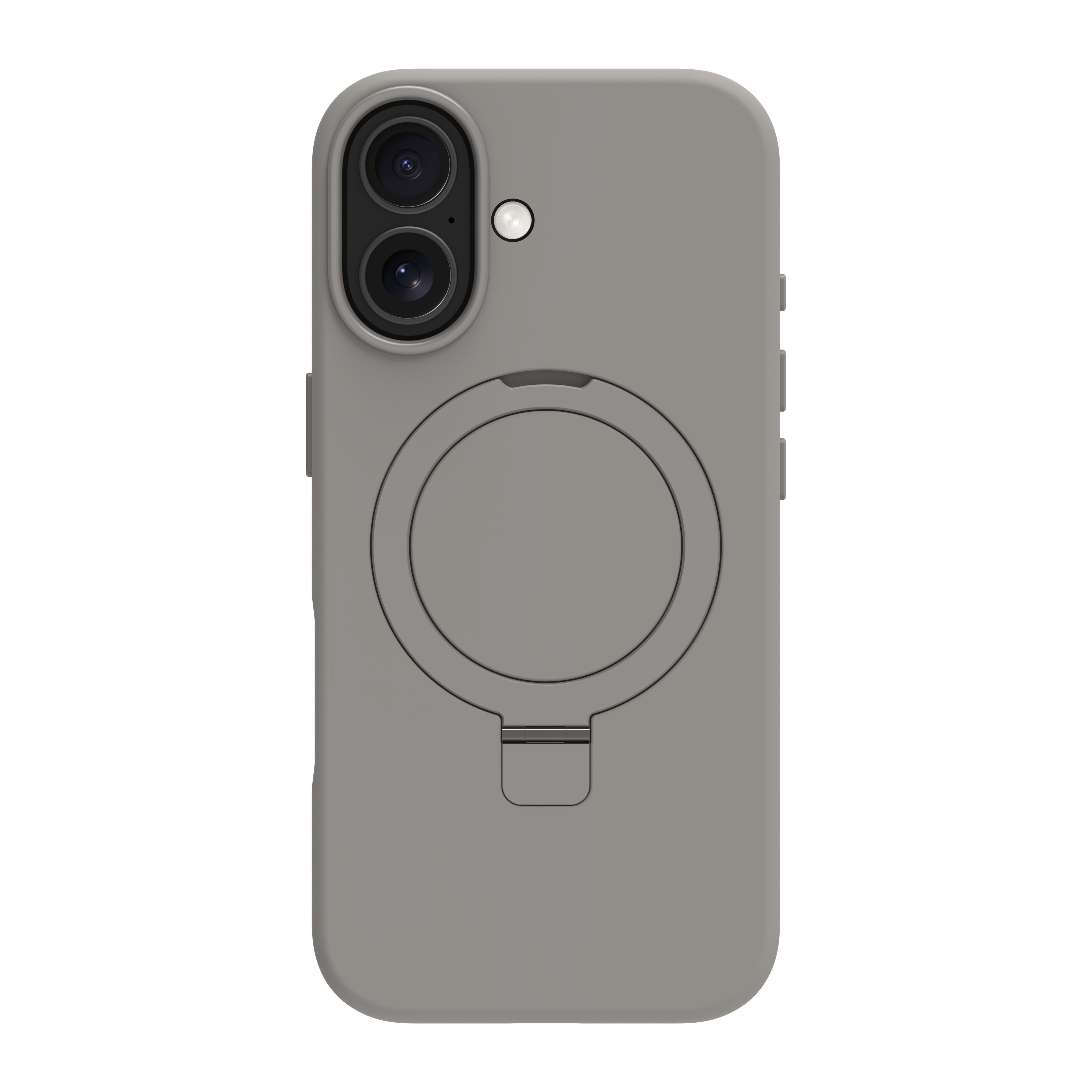 Custodia grigia per telefono con due fotocamere, un flash e un anello. Su sfondo bianco.