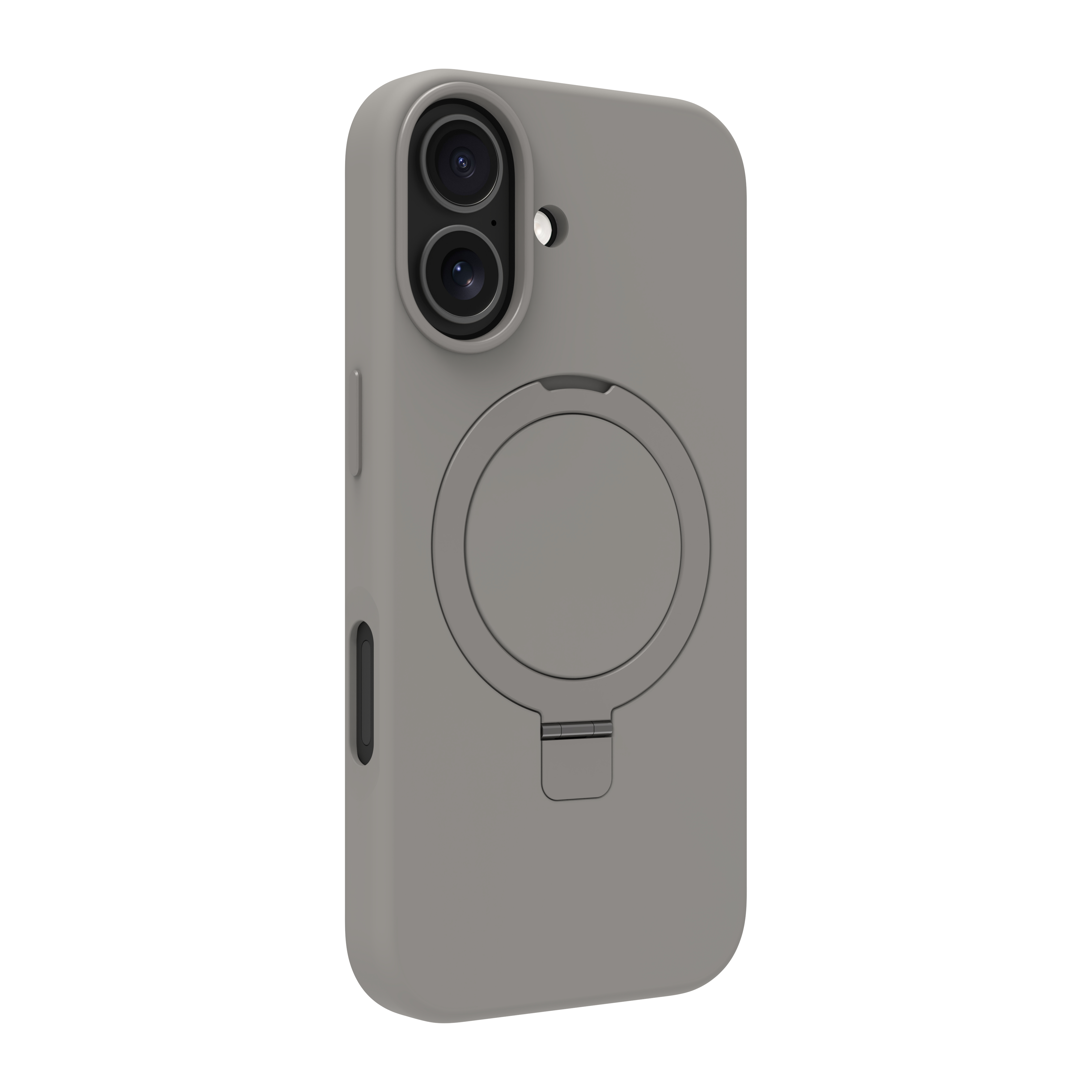 Una custodia grigia per telefono con supporto ad anello e ritagli per la fotocamera. Lo sfondo è bianco.