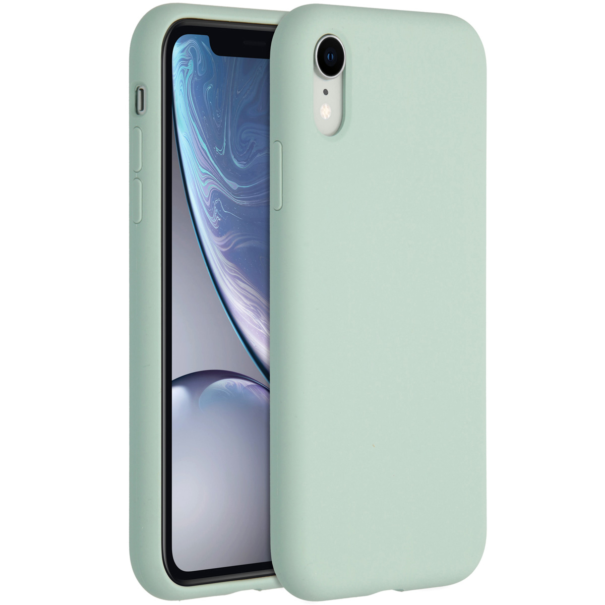 Une coque de téléphone vert menthe, légèrement ouverte, révélant un écran de téléphone. La coque a une découpe pour la caméra et des boutons latéraux.