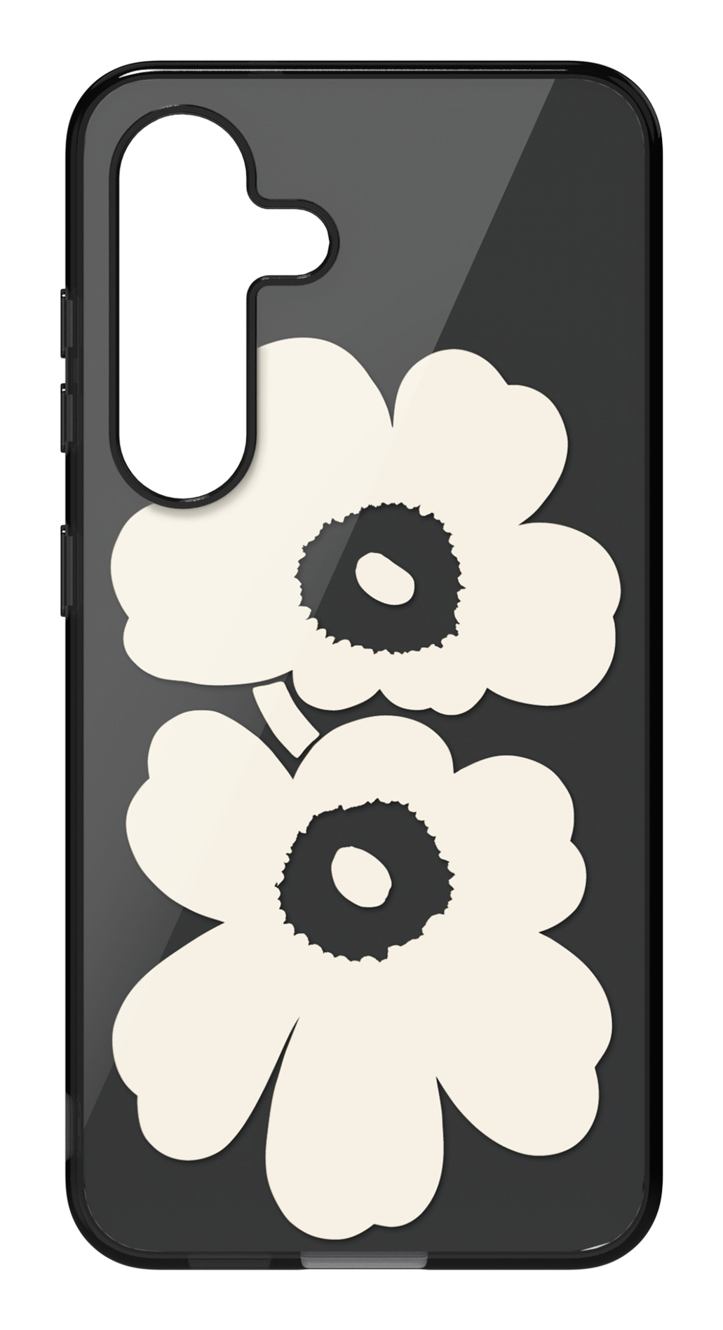 Custodia per telefono con sfondo nero e due fiori color crema con centri neri. La custodia ha una cornice nera.