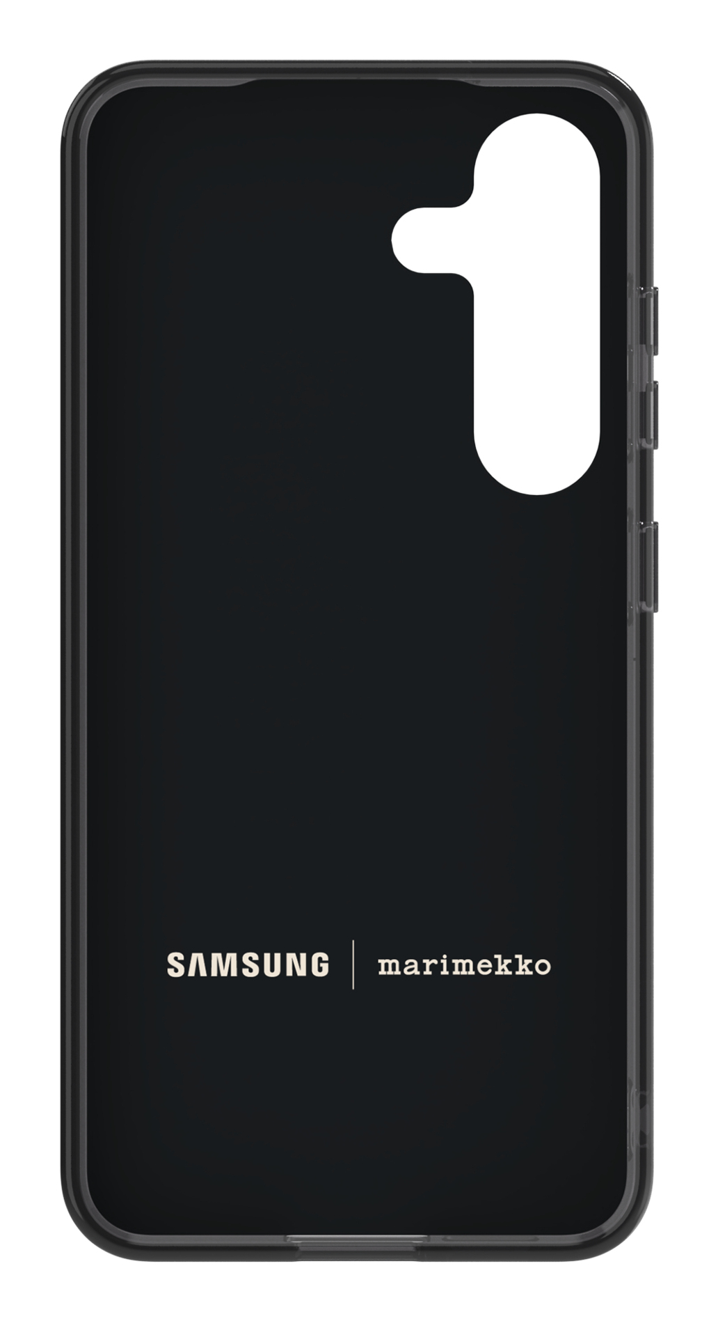 Custodia per telefono nera con intaglio bianco e cornice grigia. I loghi Samsung e Marimekko sono in basso.