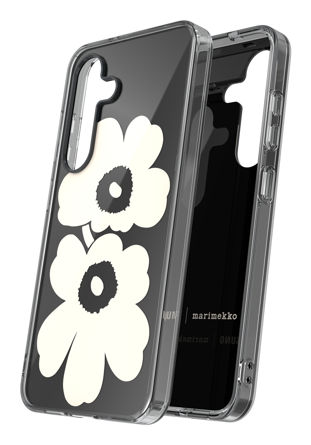 Custodia trasparente per telefono con due disegni di fiori bianchi. Lo sfondo è nero. La custodia è di Marimekko.