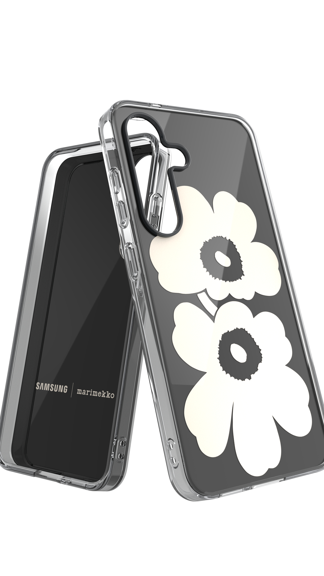 Una custodia trasparente per telefono con design floreale bianco su sfondo nero. La custodia ha il logo Samsung e Marimekko.