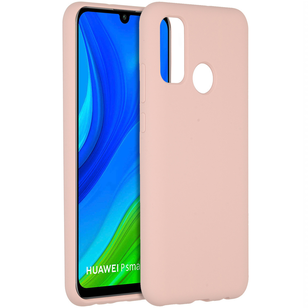 Una custodia rosa e un telefono. Lo schermo del telefono mostra uno sfondo blu, la custodia è accanto.