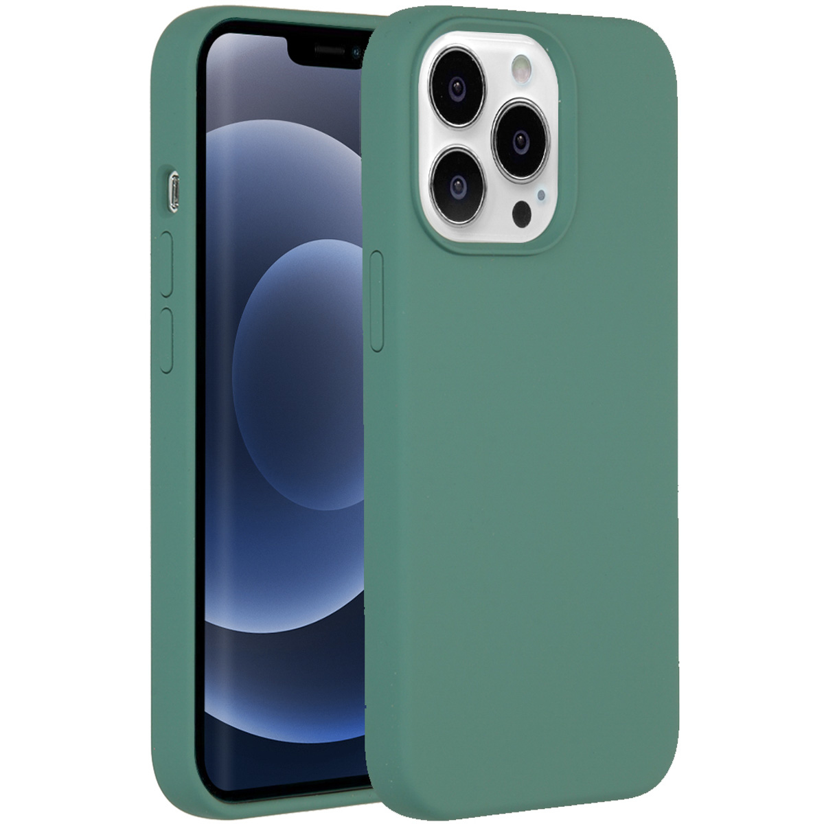 Groene telefoonhoes met een telefoon erin, die het scherm laat zien. De hoes heeft uitsparingen voor de camera en knoppen. Witte achtergrond.