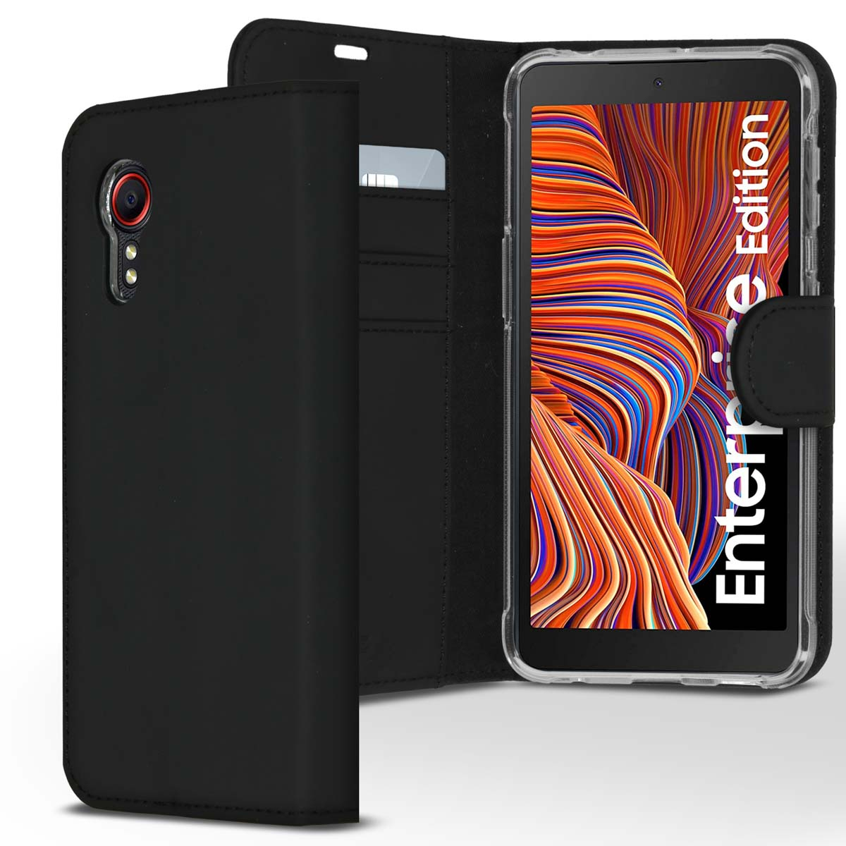 Zwarte telefoonhoes met telefoon. De telefoon heeft een kleurrijk abstract ontwerp op het scherm.