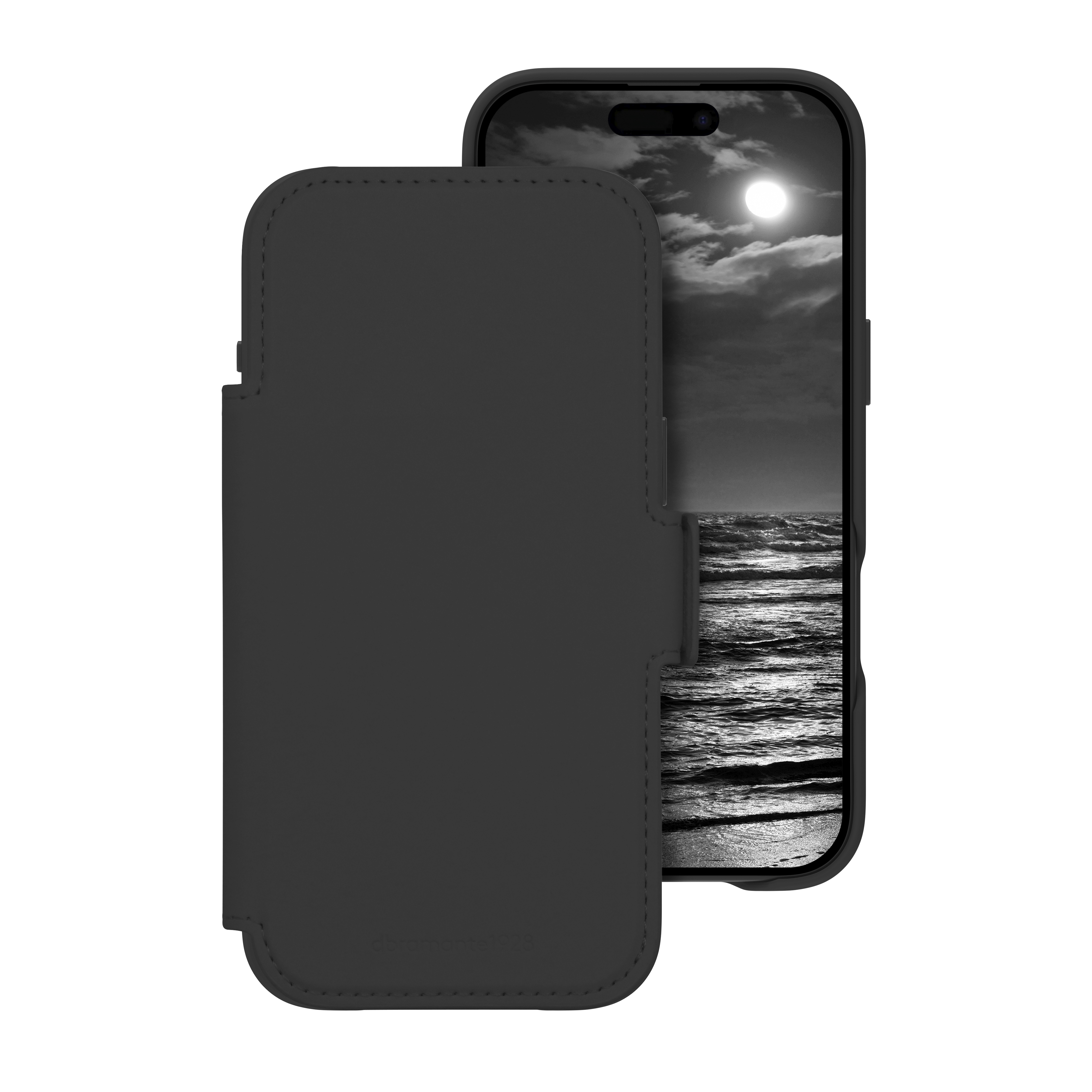 Custodia nera per telefono aperta, che mostra il telefono con il mare di notte. Luna nel cielo. La custodia ha dettagli di cucitura e un logo.