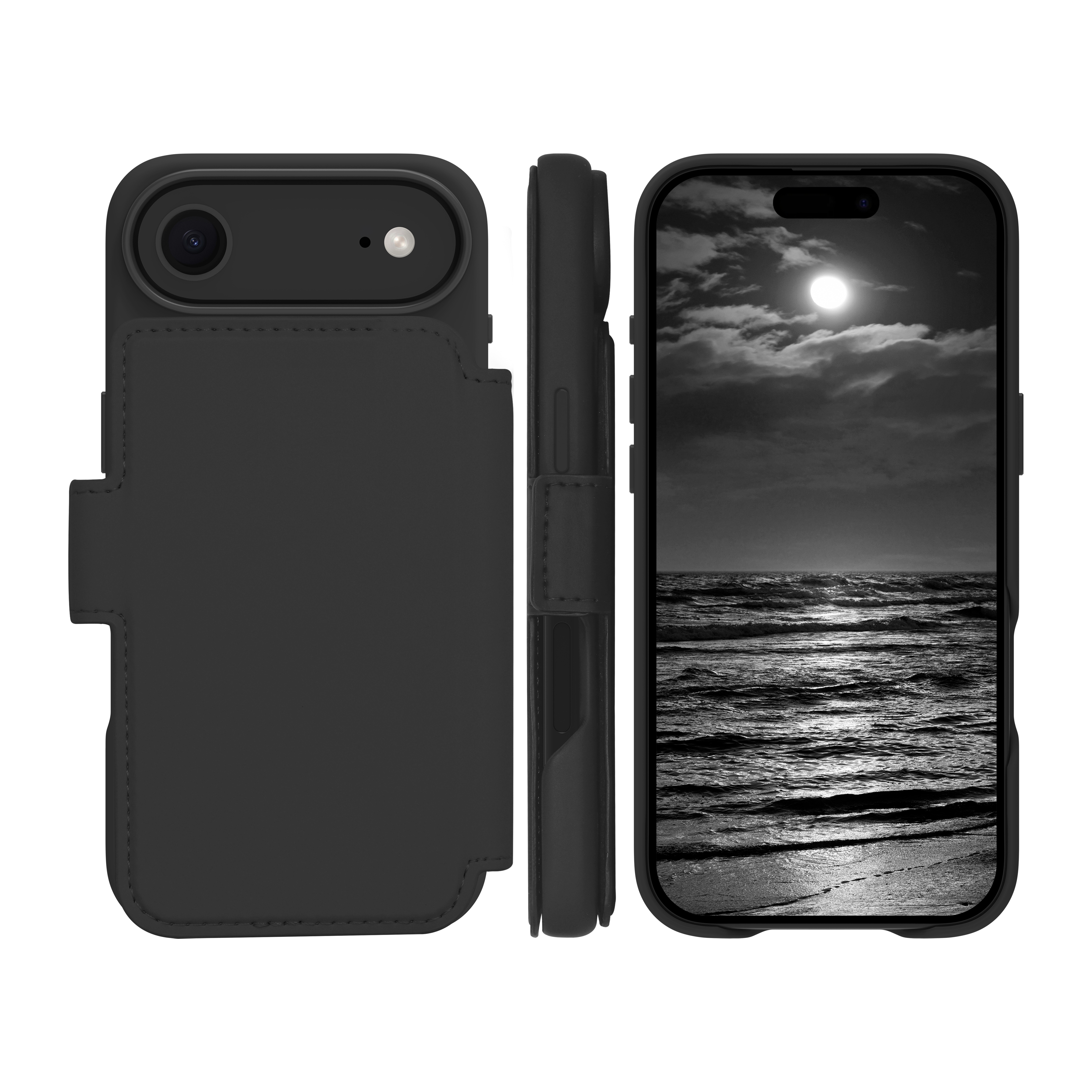Custodia nera per telefono con un telefono che mostra una scena oceanica in bianco e nero. La custodia è aperta.