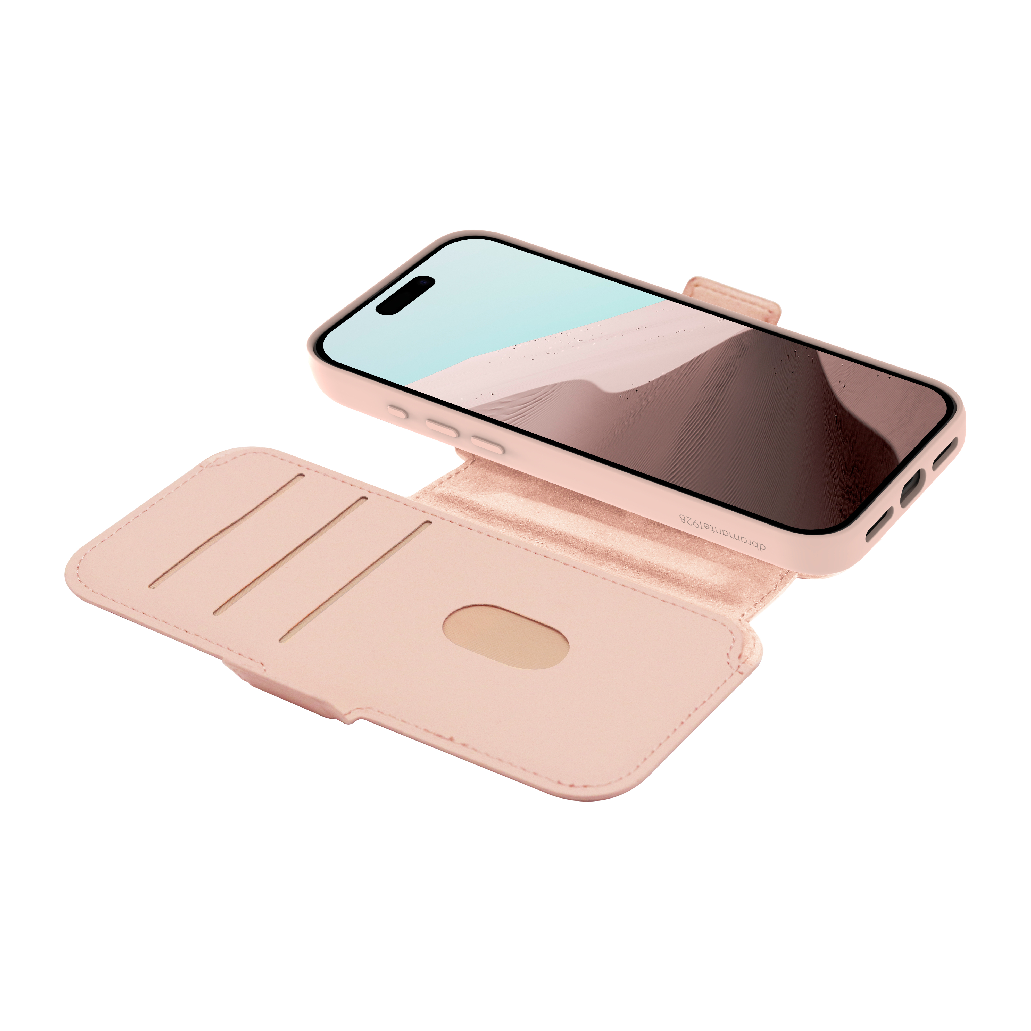 Rosa Handyhülle mit Telefon. Die Hülle ist offen und zeigt Kartenfächer. Das Telefon zeigt eine Wüstenlandschaft.