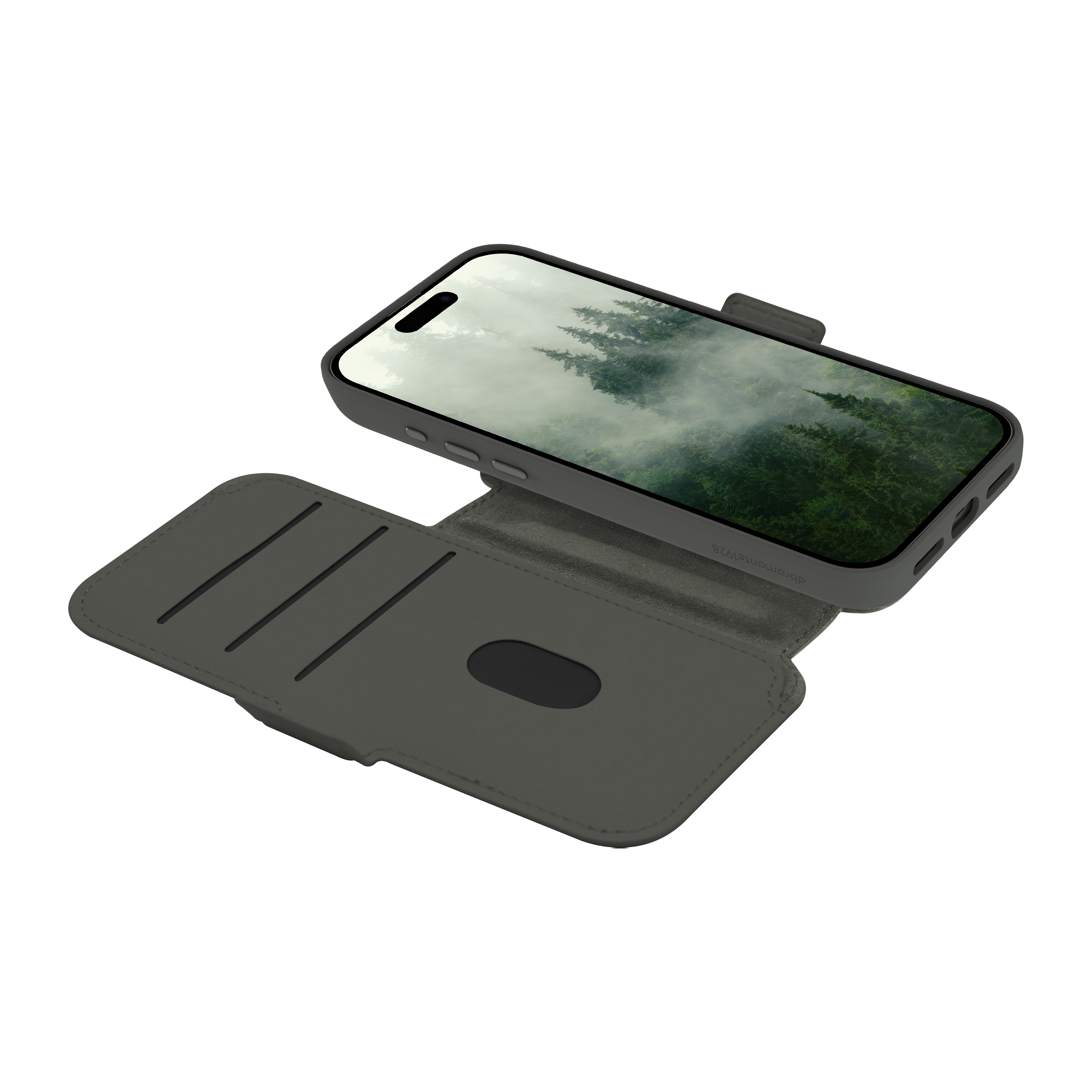 Un téléphone dans un étui gris avec une scène de forêt sur l'écran. L'étui est ouvert, révélant des fentes pour cartes.