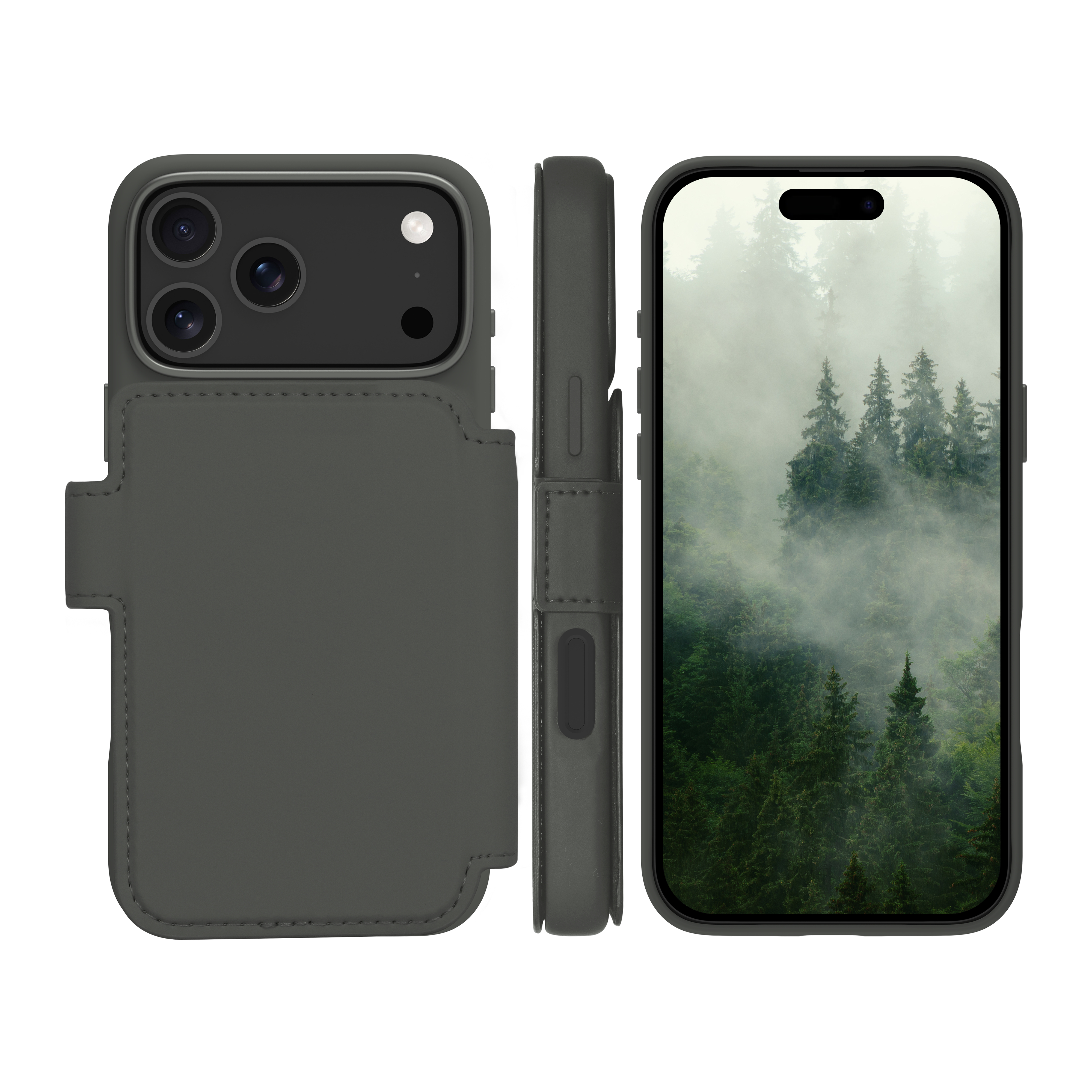 Trois vues d'un téléphone avec étui. L'écran montre une forêt. L'étui est gris.