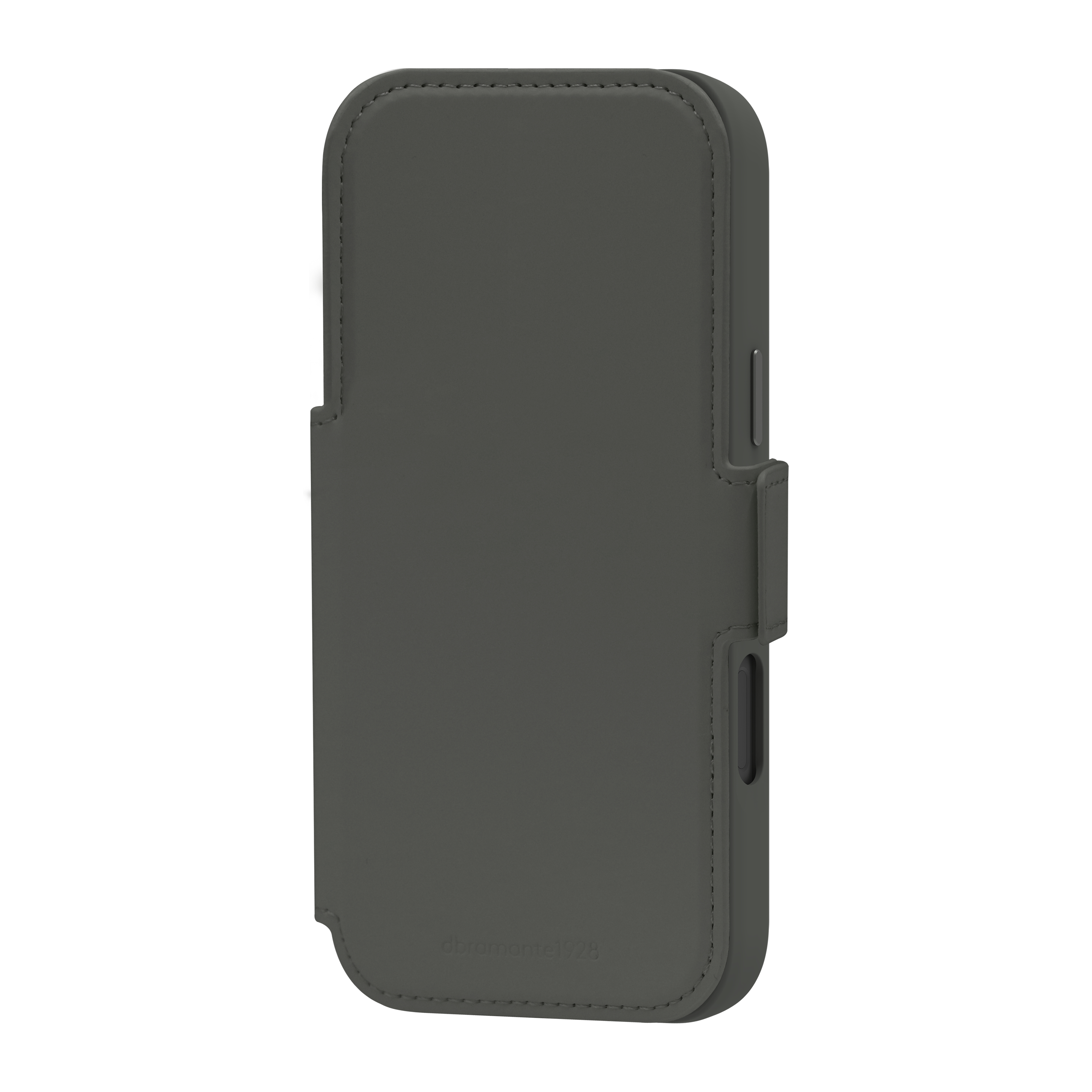 Une coque de téléphone grise avec un rabat. L'étui est fermé. La marque dbramante1928 est visible.