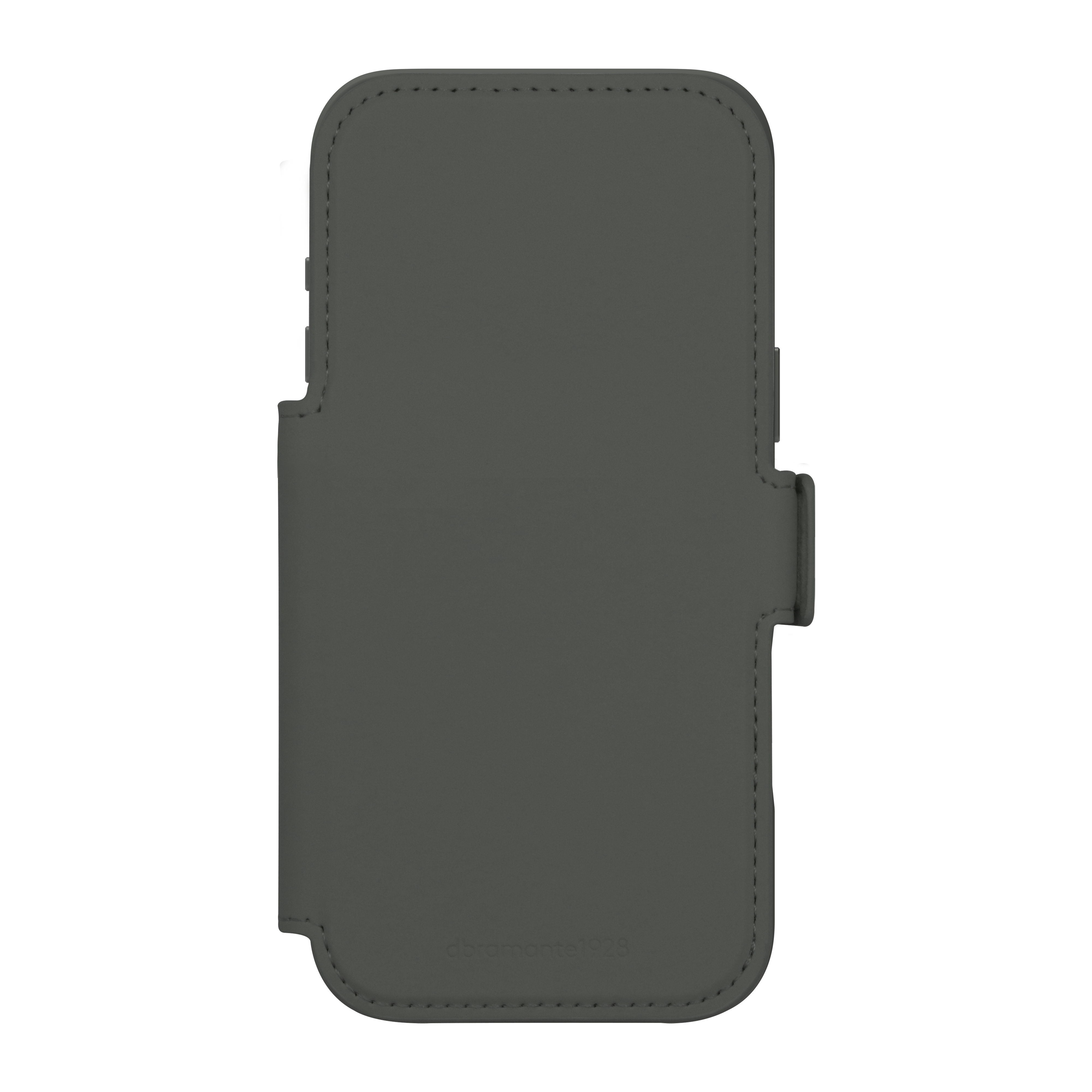 Un étui de téléphone gris sur fond blanc. Il possède une fermeture magnétique.