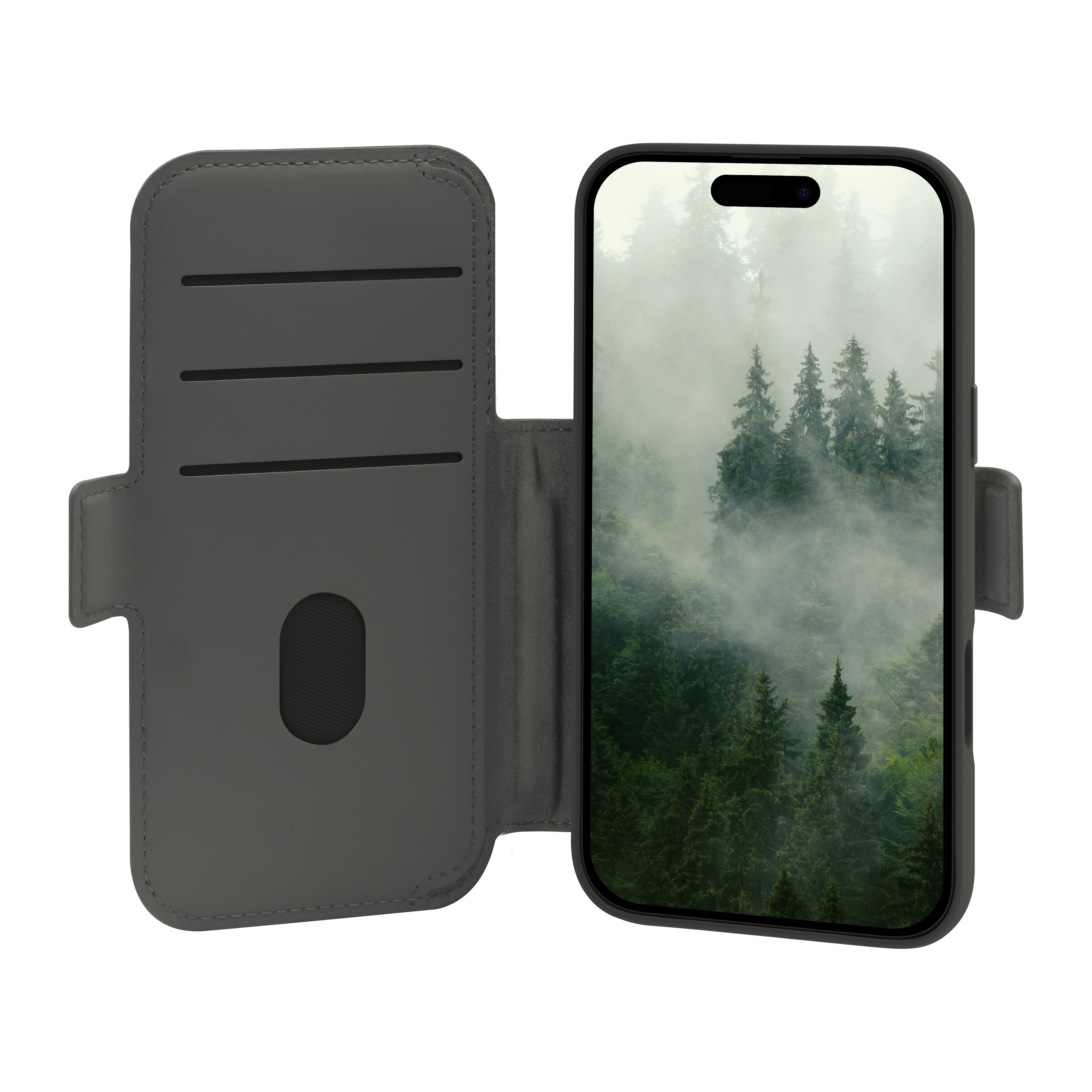 Téléphone dans étui gris, ouvert. Scène de forêt à l'écran. Étui avec fentes.