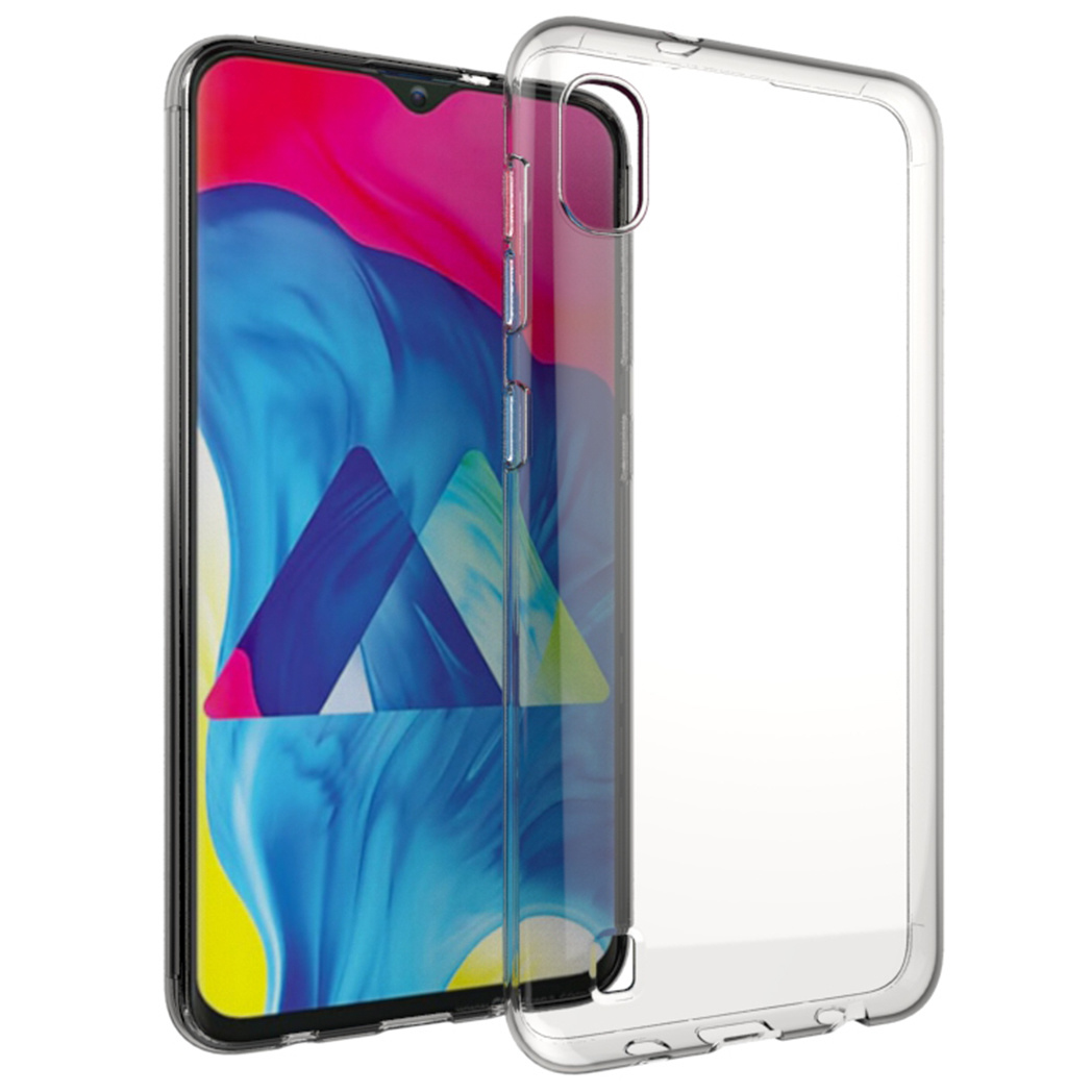 Een smartphone met een doorzichtige beschermhoes. Het scherm toont kleurrijke vormen. De hoes is transparant.