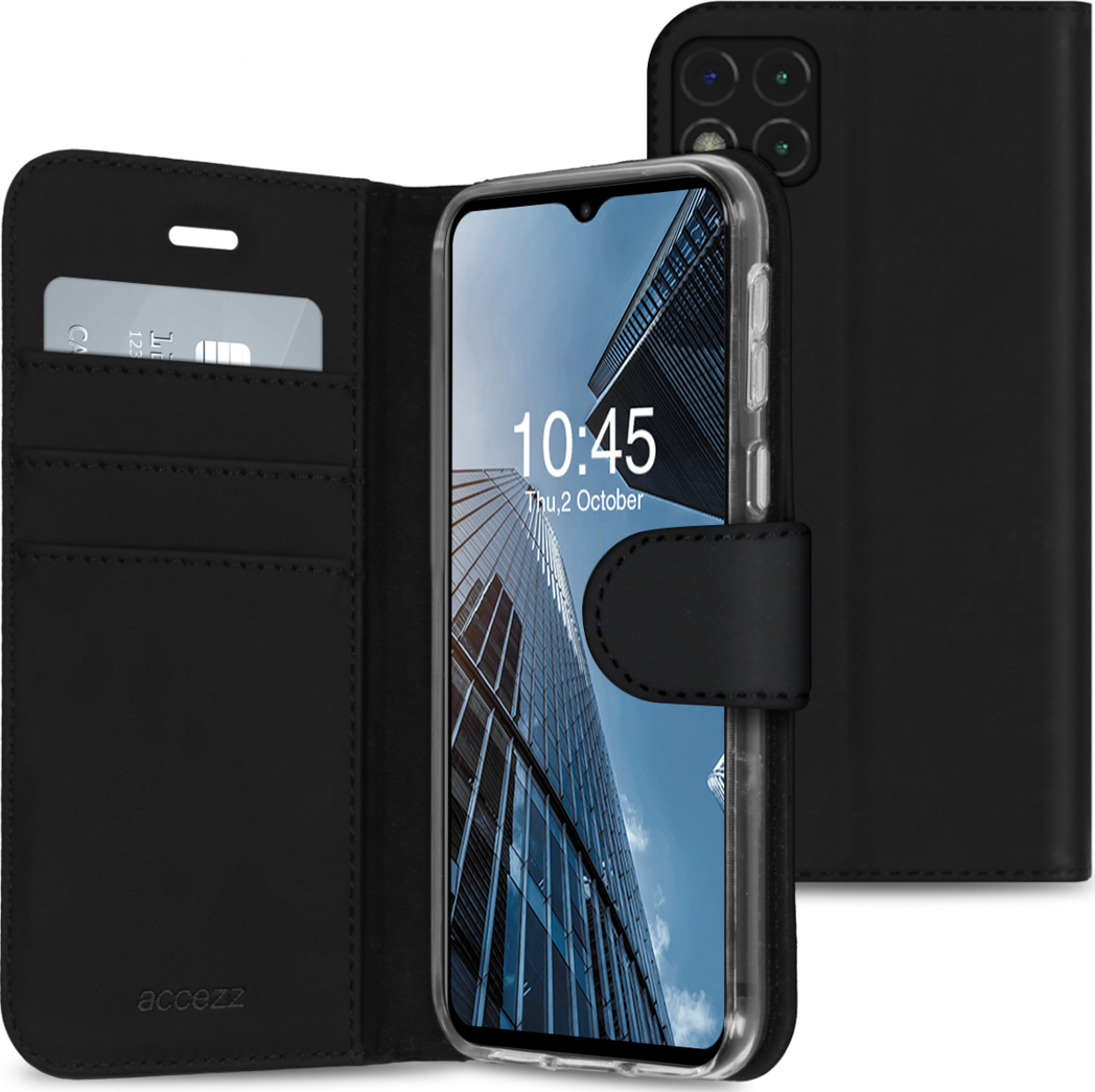Custodia nera per telefono con telefono che mostra un'immagine di un edificio. Custodia aperta, con fessura per schede. Ora sullo schermo: 10:45, 2 ottobre.