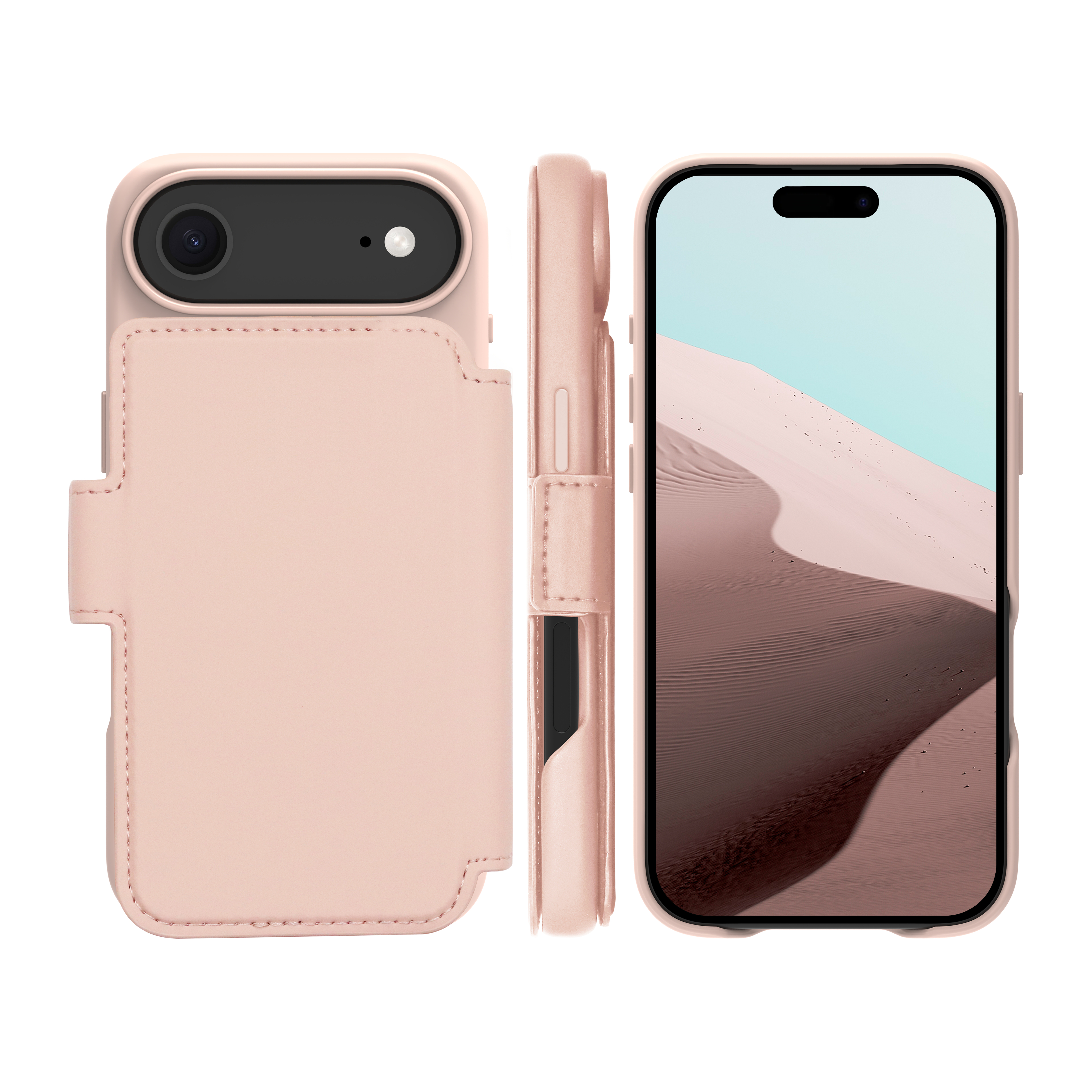 Tre viste di una custodia rosa per telefono con un telefono. Lo schermo del telefono mostra una scena del deserto.